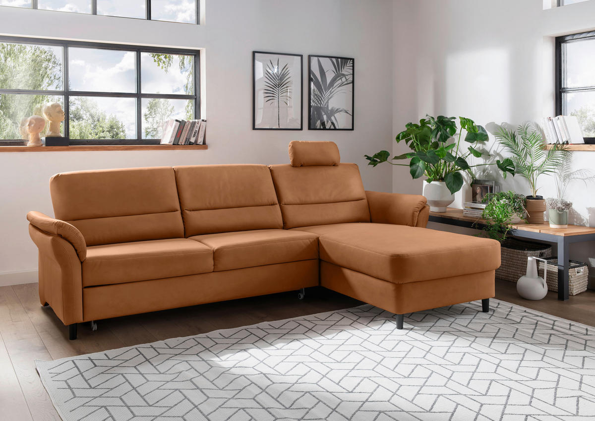 ECKSOFA in Lederlook Cognac  - Cognac/Schwarz, MODERN, Holz/Textil (279/176cm) - Livetastic