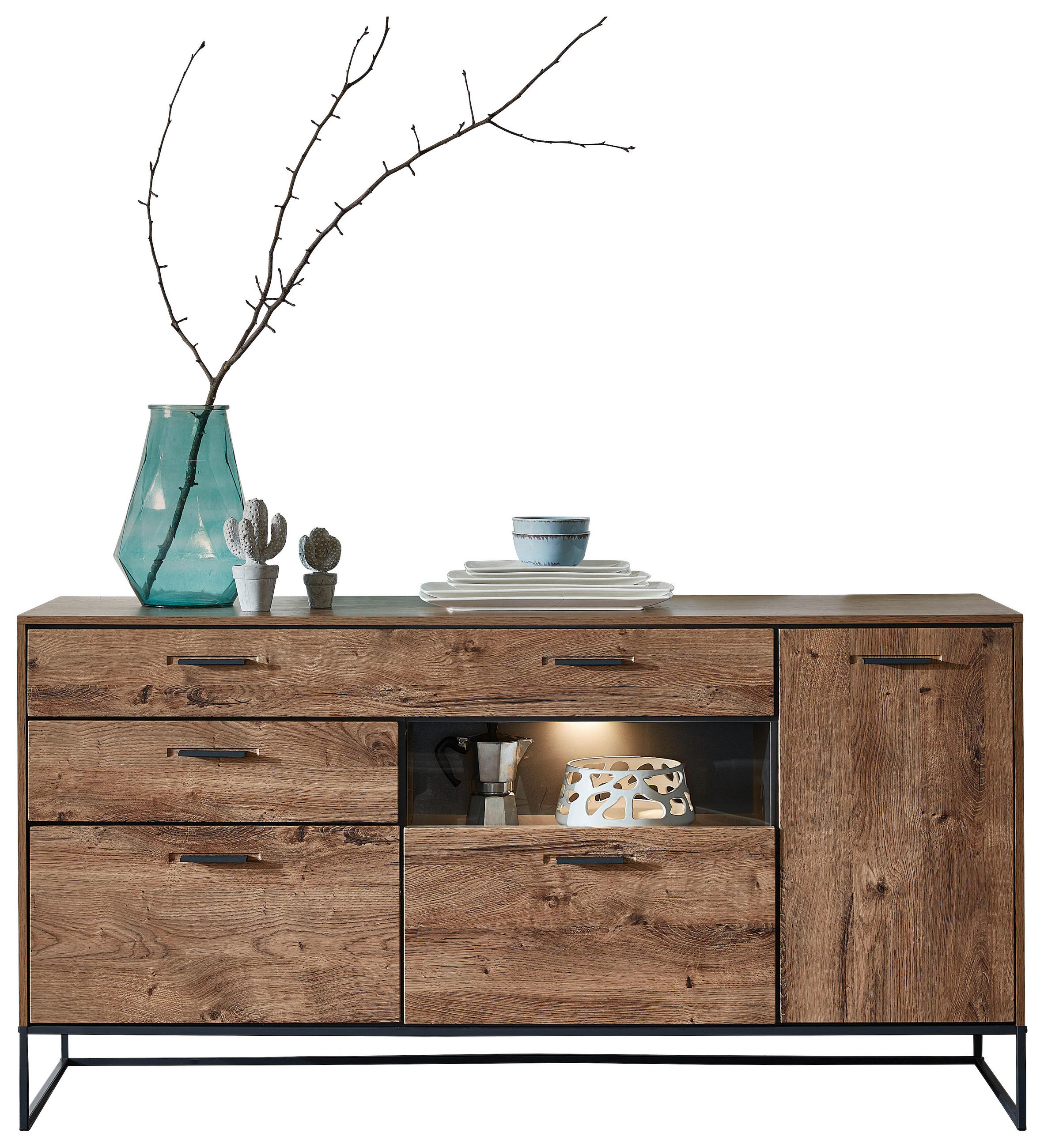 KOMMODE Graphitfarben, Eichefarben - Eichefarben/Anthrazit, MODERN, Glas/Holzwerkstoff (175/91/48cm) - Livetastic