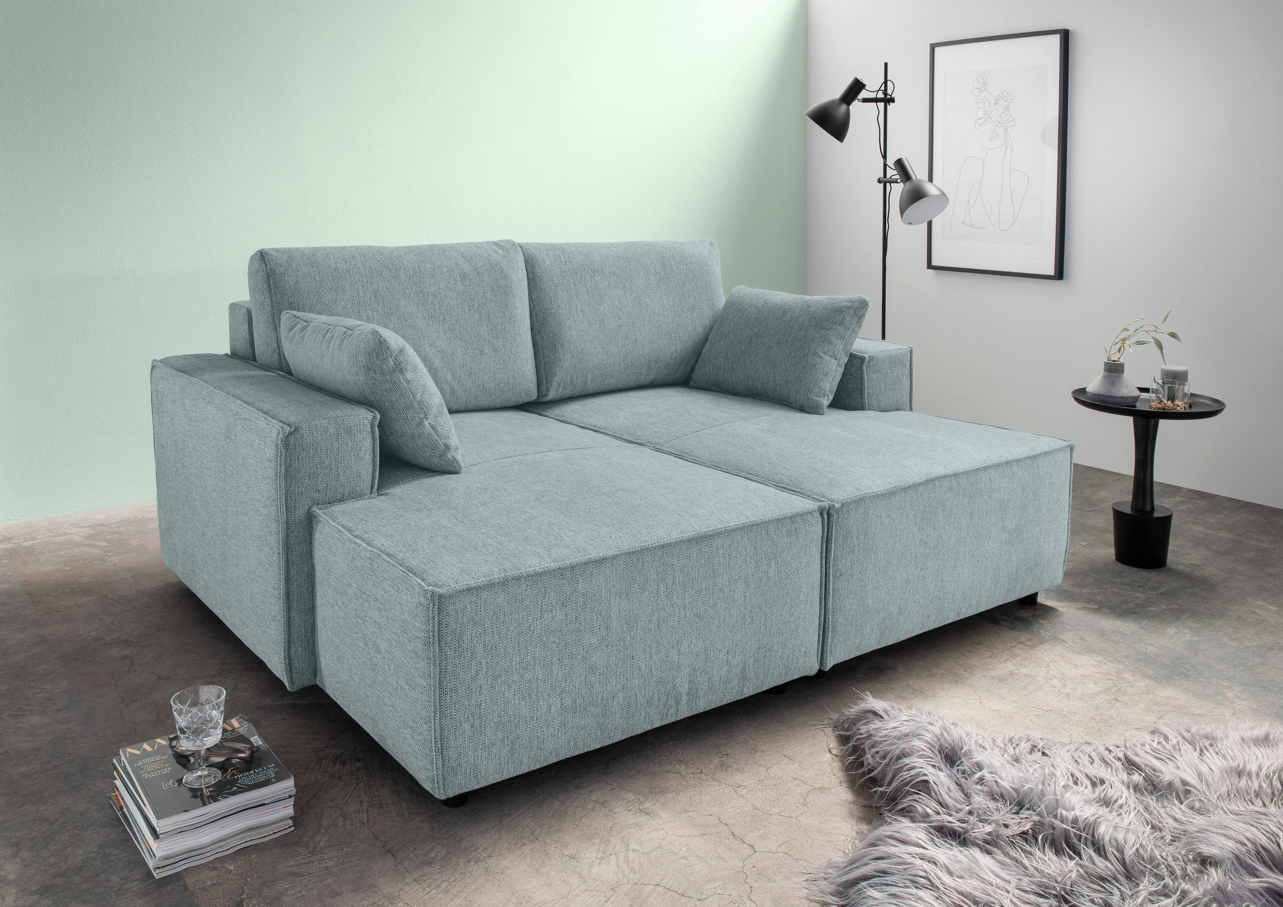 BIGSOFA in Chenille Mintgrau  - Mintgrau/Schwarz, Modern, Kunststoff/Textil (188/86/154cm) - Livetastic