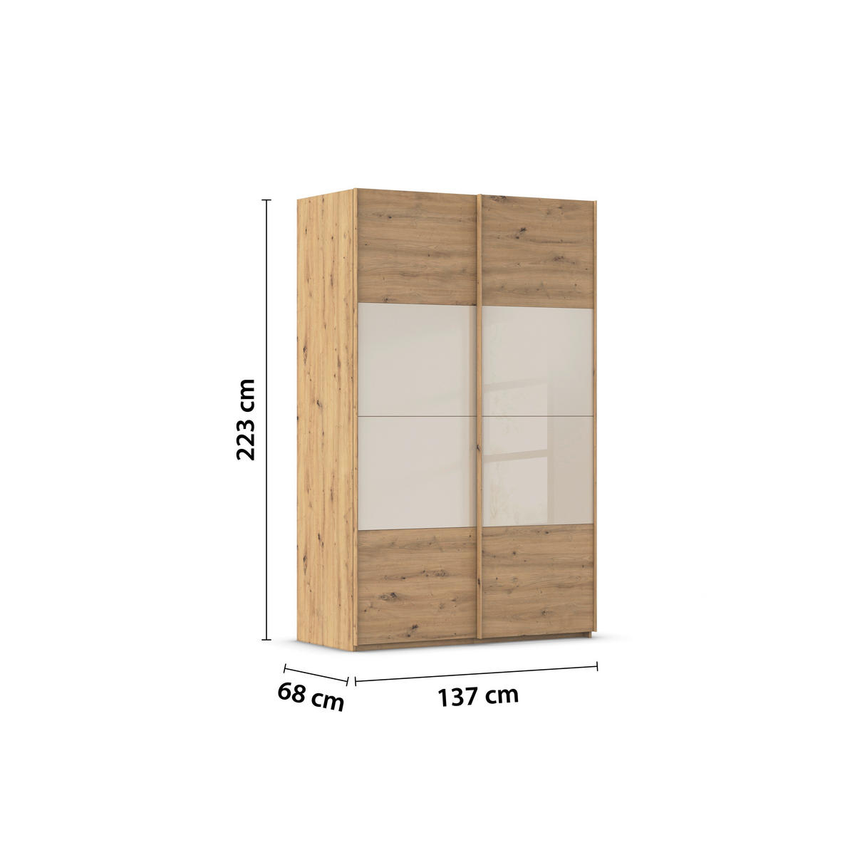 SCHWEBETÜRENSCHRANK 2-türig Champagner, Eiche Artisan  - Champagner/Eichefarben, Design, Glas/Holzwerkstoff (137l) - Xora