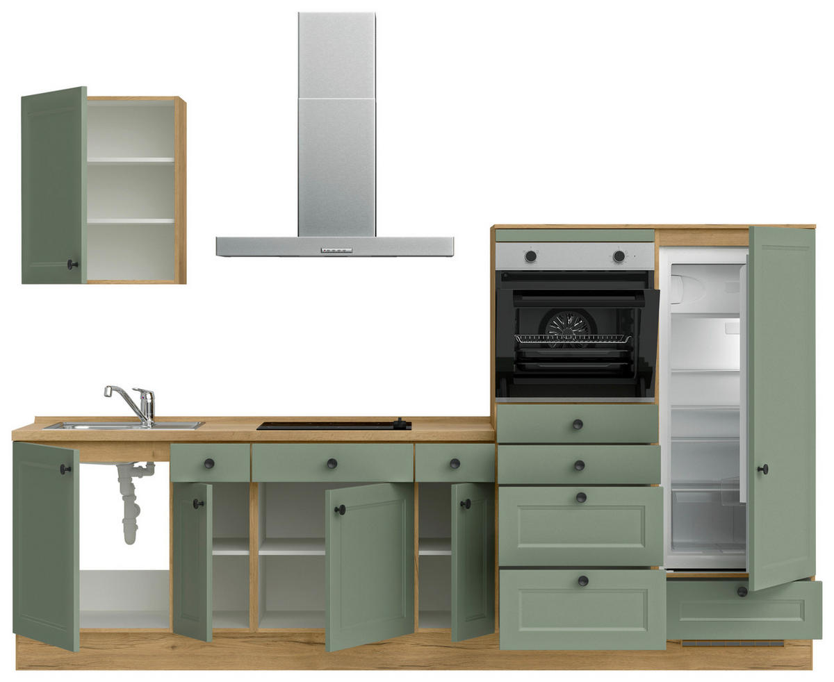 BUCĂTĂRIE FĂRĂ ELECTROCASNICE  - verde/culoare lemn stejar, Modern, metal/material pe bază de lemn (300cm) - Nobilia