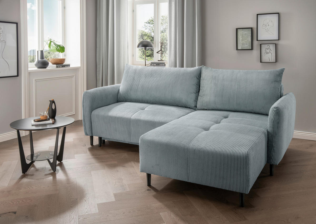 ECKSCHLAFSOFA in Cord Hellblau  - Schwarz/Hellblau, Basics, Holz/Textil (238/174cm) - Livetastic
