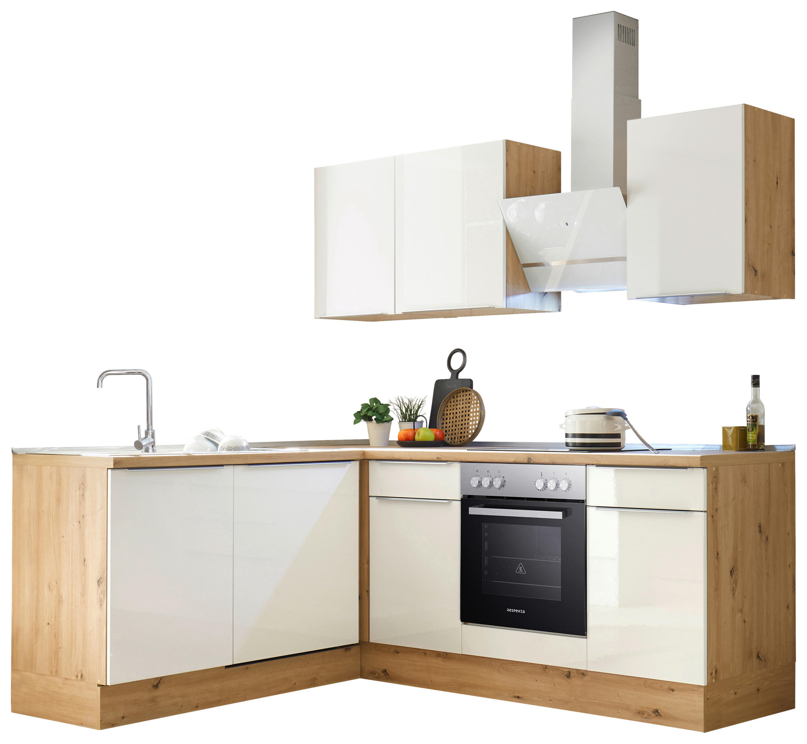ECKKÜCHE 220/170 cm  in Eiche Artisan, Weiß Hochglanz  - Weiß Hochglanz/Alufarben, LIFESTYLE, Holzwerkstoff/Kunststoff (220/170cm) - Respekta