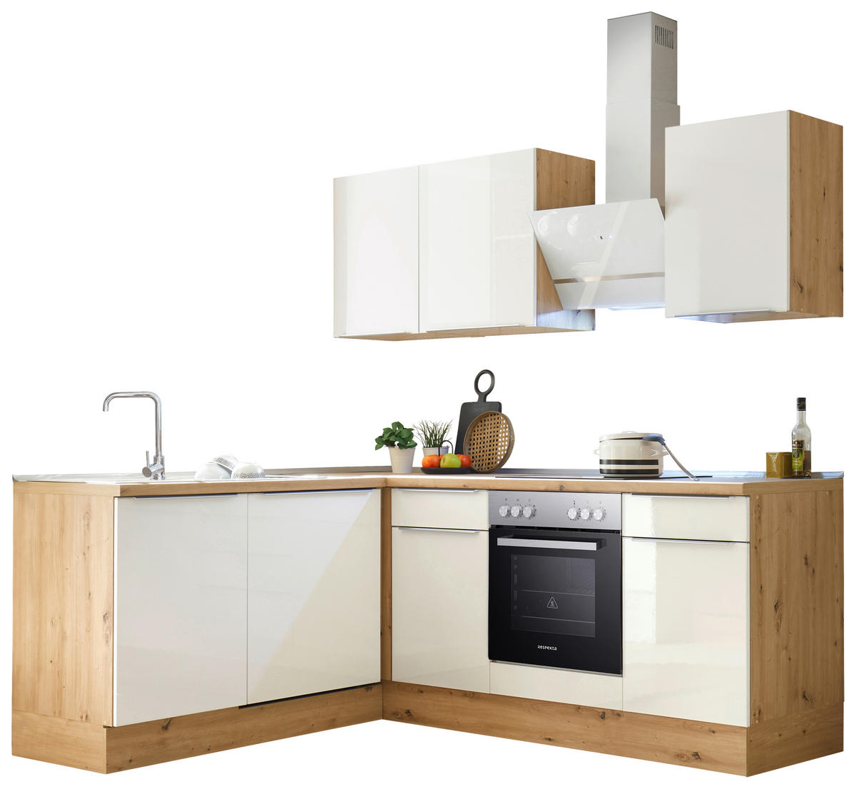 ECKKÜCHE 220/170 cm  in Weiß Hochglanz, Eiche Artisan  - Weiß Hochglanz/Alufarben, LIFESTYLE, Holzwerkstoff/Kunststoff (220/170cm) - Respekta