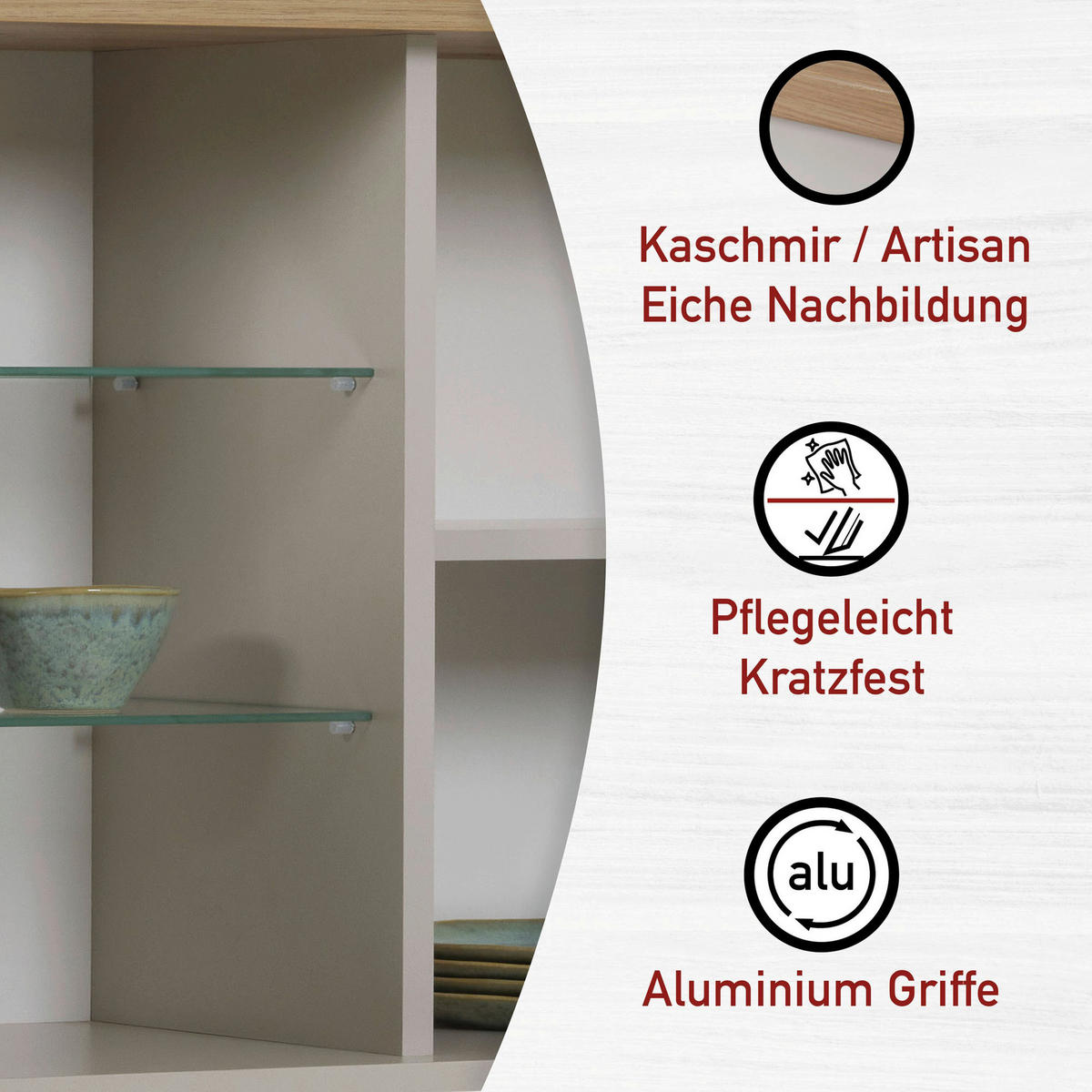 KÜCHENLEERBLOCK 430 cm   in Kaschmir, Eiche Artisan  - Kaschmir/Silberfarben, MODERN, Glas/Holzwerkstoff (430cm) - home24