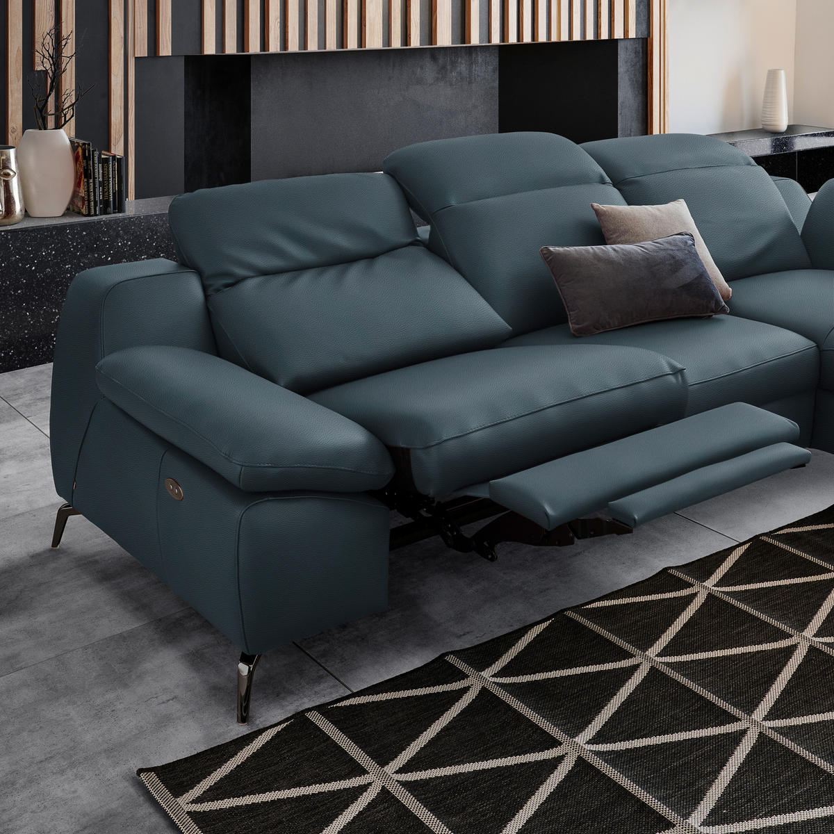 ECKSOFA in Echtleder Dunkelblau  286/183 cm  - Schwarz/Dunkelblau, Design, Leder/Metall (286/183cm) - Celina Home