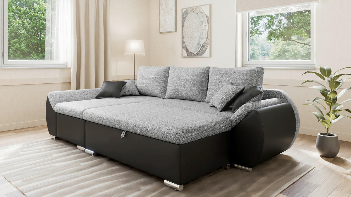 ECKSOFA, inkl. Hocker AURO in Grau, Schwarz Rücken echt, Hocker, Stauraum  275/155 cm  - Silberfarben/Schwarz, Design, Kunststoff/Textil (275/155cm) - MID.YOU