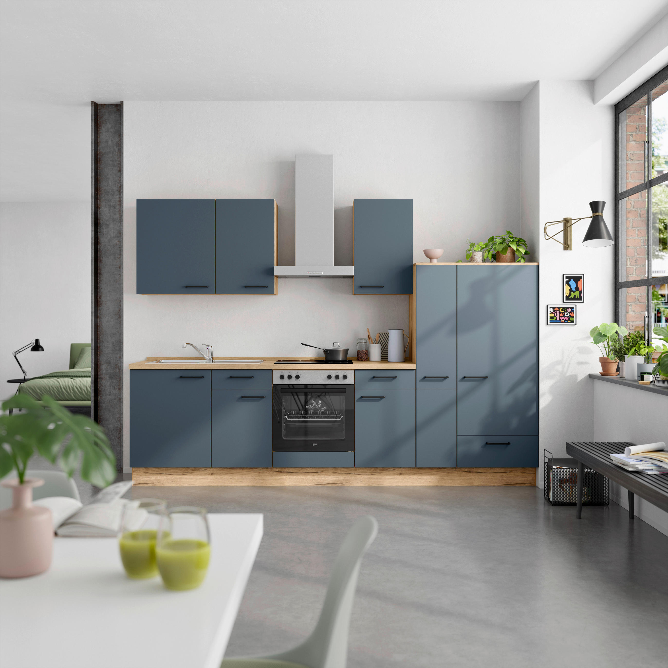 KÜCHENBLOCK 300 cm   in Eichefarben, Dunkelblau  - Eichefarben/Schwarz, MODERN, Holzwerkstoff/Metall (300cm) - Nobilia