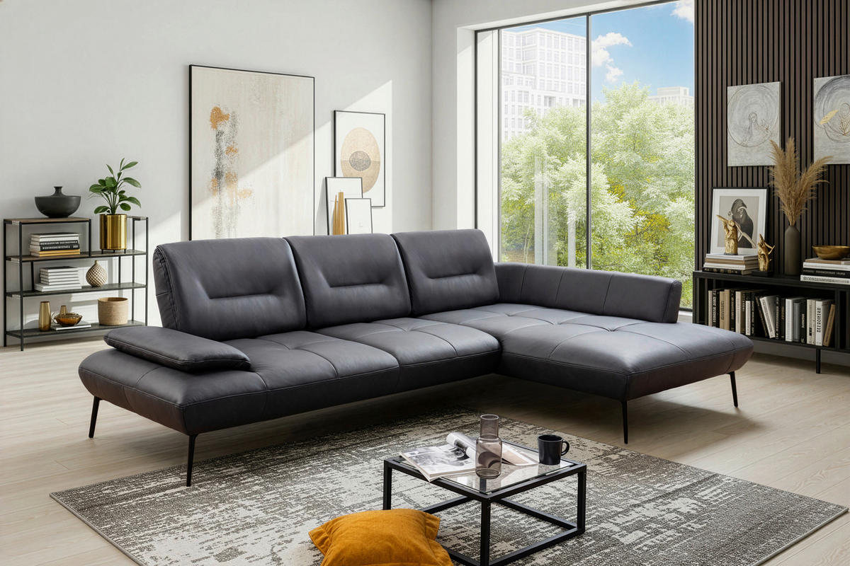 ECKSOFA Anthrazit Echtleder Rücken echt, Sitztiefenverstellung  - Anthrazit/Schwarz, Design, Leder/Metall (320/190cm) - Moderano