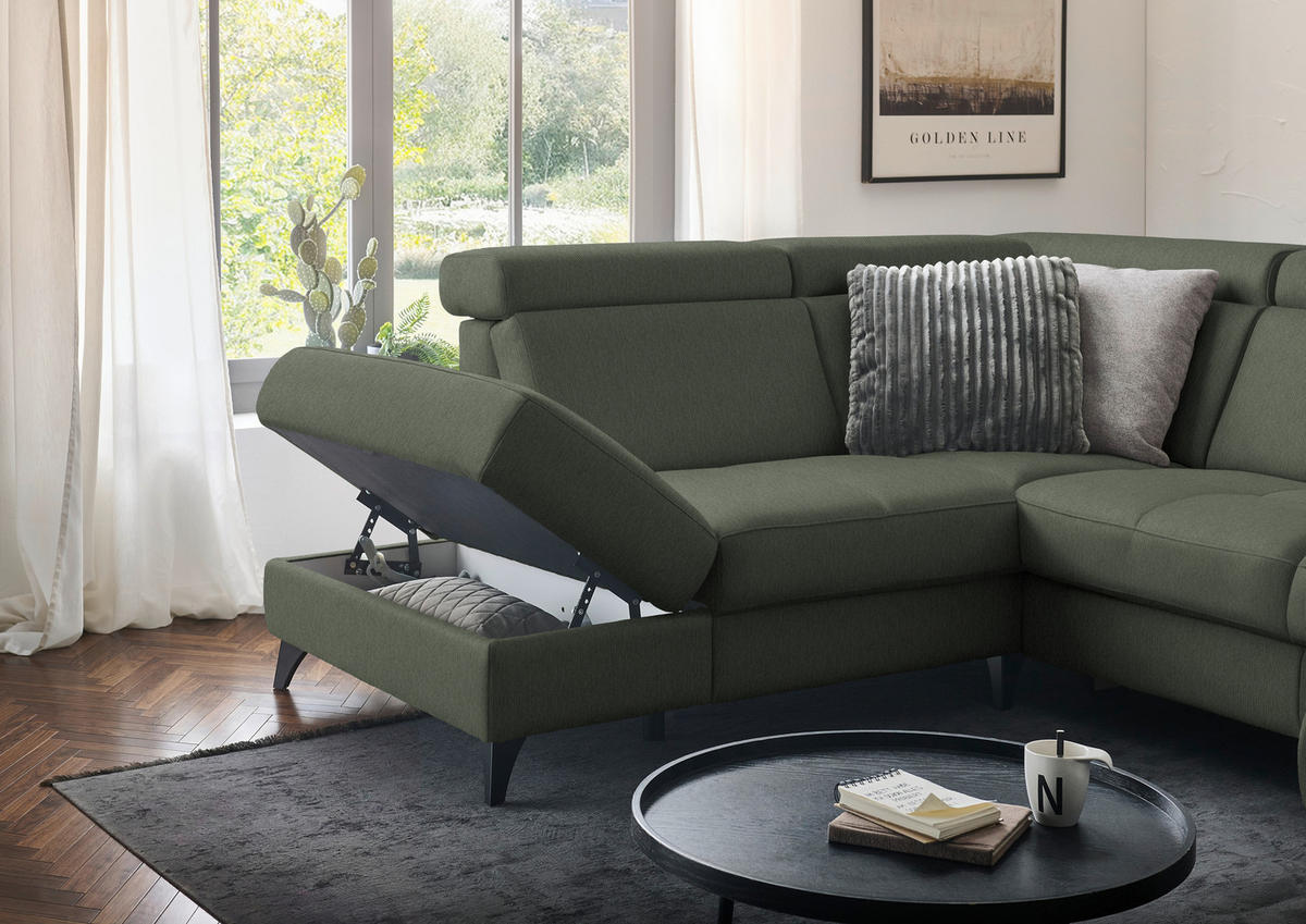 WOHNLANDSCHAFT Flachgewebe Dunkelgrün  - Dunkelgrün/Schwarz, Konventionell, Textil/Metall (215/333/174cm) - Beldomo System