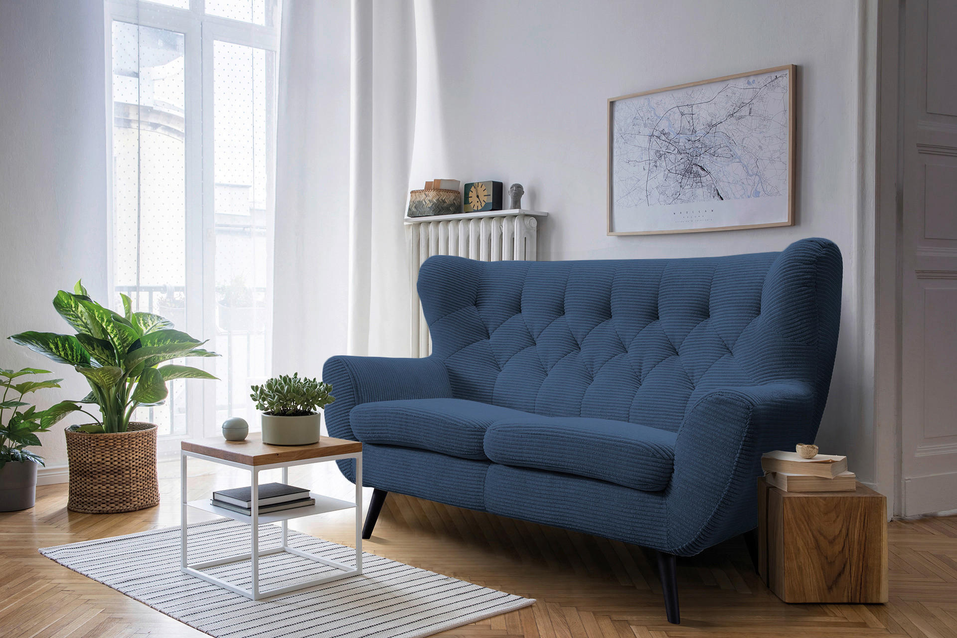 2-SITZER-SOFA Cord Blau  - Blau/Schwarz, Design, Holz/Textil (137/101/95cm) - Stylife