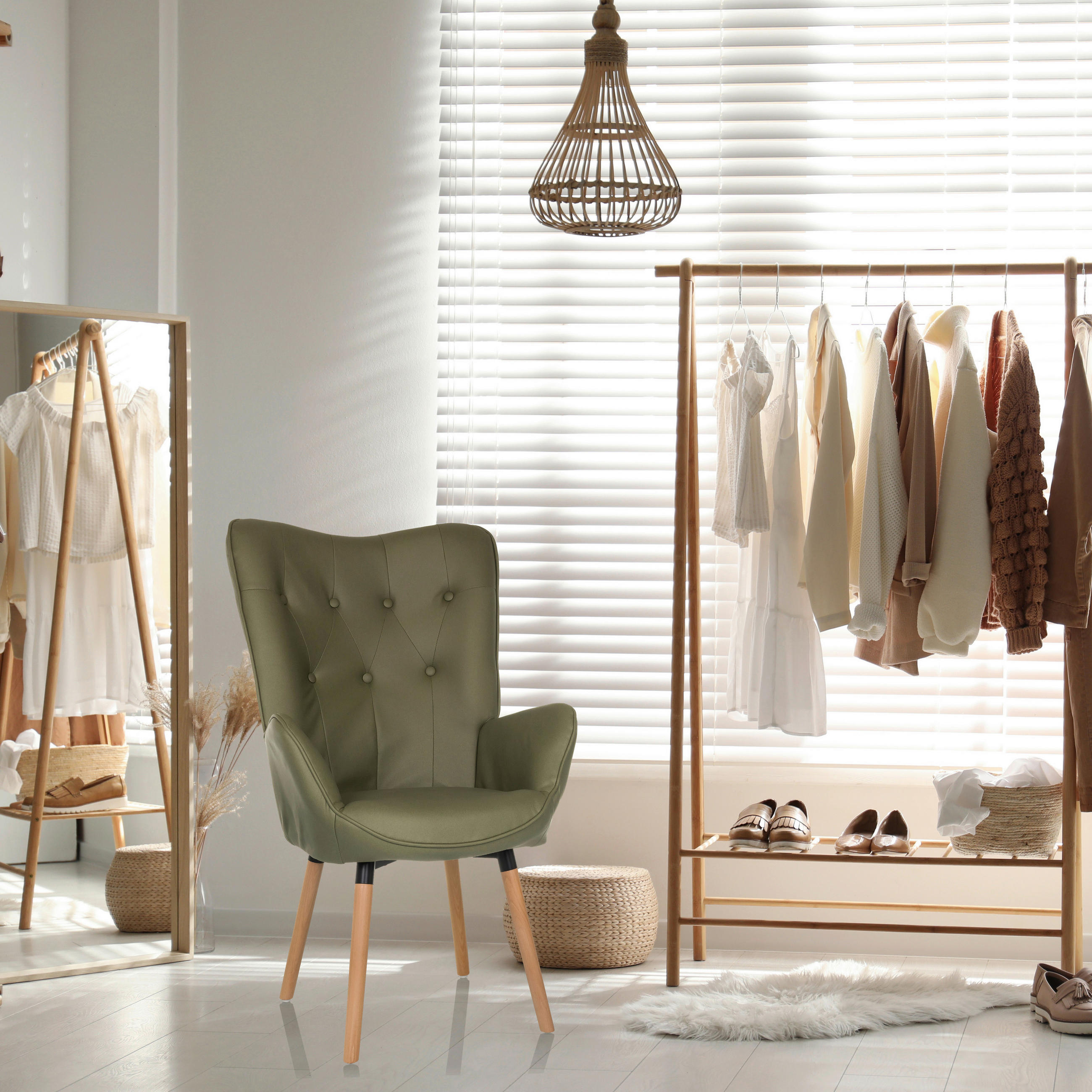 OHRENSESSEL in Velours Grün  - Buchefarben/Grün, MODERN, Holz/Textil (70/106/75cm) - MID.YOU