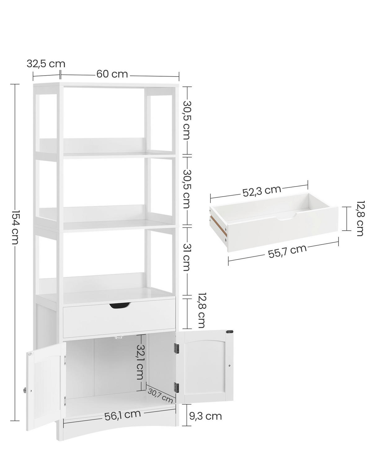 HOCHSCHRANK 60/154/32,5 cm  - Zinkfarben/Weiß, MODERN, Holzwerkstoff/Metall (60/154/32,5cm) - MID.YOU