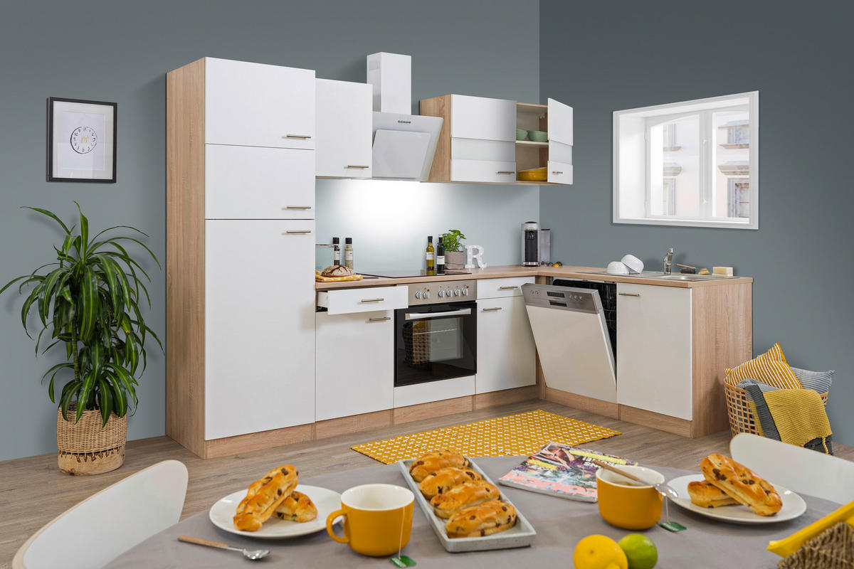 ECKKÜCHE 280/172 cm  in Weiß  - Edelstahlfarben/Eichefarben, Basics, Holzwerkstoff/Metall (280/172cm) - Respekta