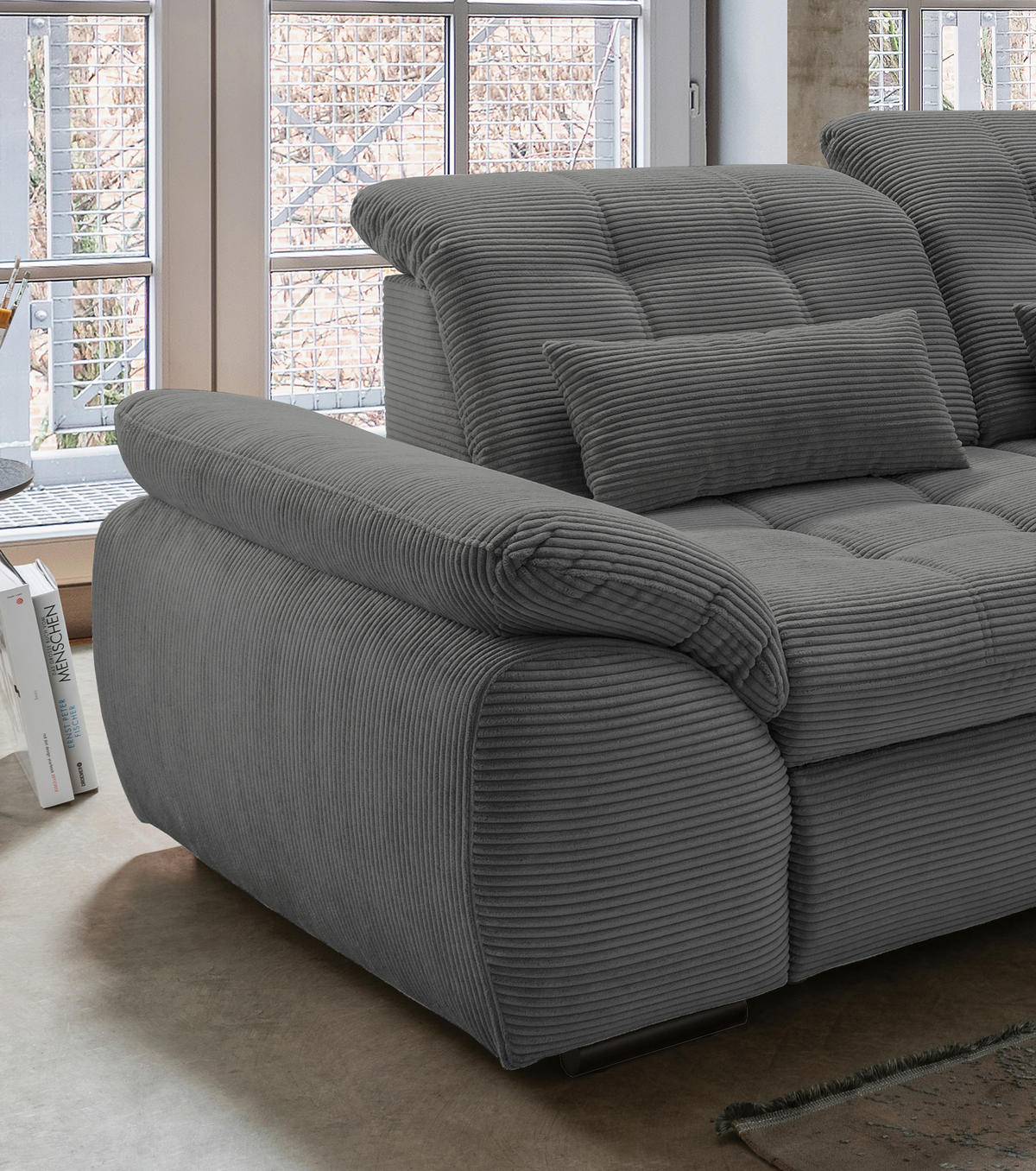 ECKSOFA Grau Cord  - Schwarz/Grau, MODERN, Textil/Metall (314/184cm) - Livetastic