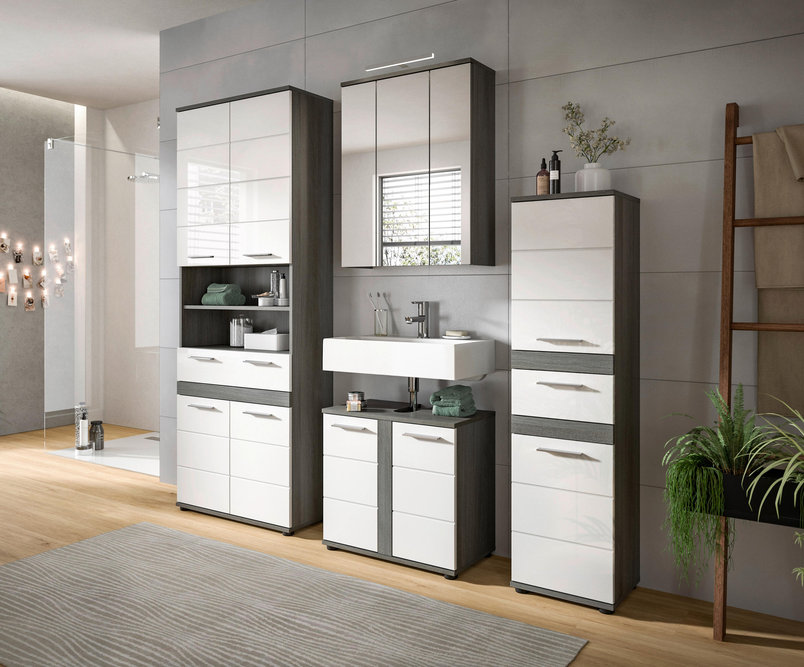 BADEZIMMER 5-teilig  in 195 cm  - Weiß Hochglanz/Silberfarben, Trend, Glas/Holzwerkstoff (195cm) - MID.YOU