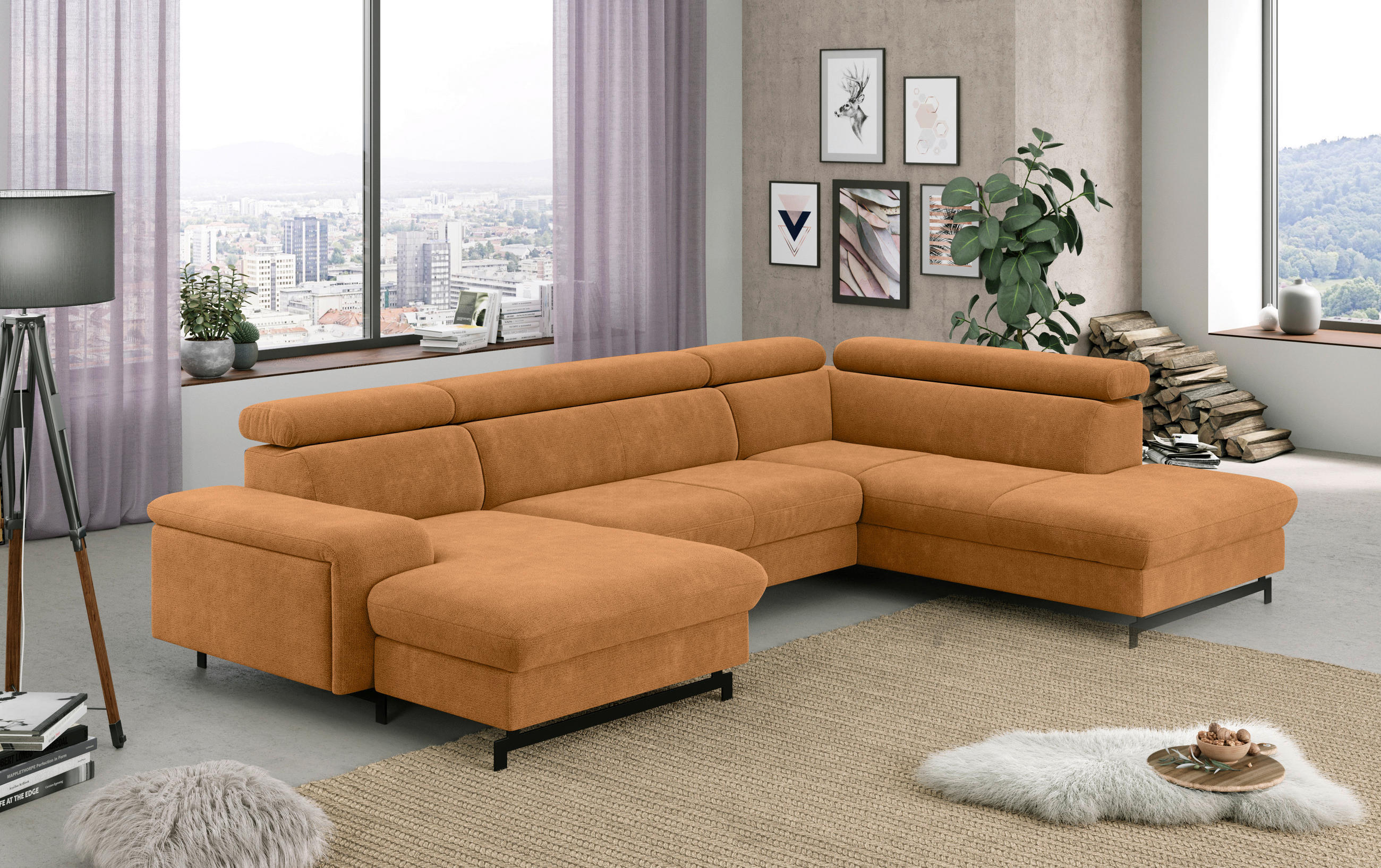 WOHNLANDSCHAFT in Chenille Cognac - Cognac/Schwarz, Textil/Metall (165/328/215cm) - MID.YOU