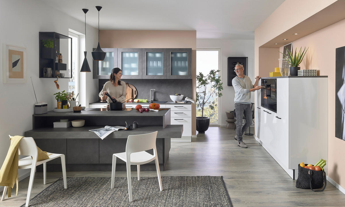EINBAUKÜCHE DK411  - Weiß Hochglanz/Grau, Design, Holzwerkstoff - Dieter Knoll