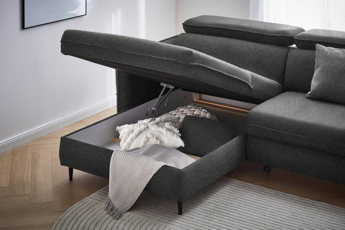ECKSOFA in Flachgewebe Graubraun  - Graubraun/Schwarz, Design, Holz/Textil (185/232cm) - Stylife