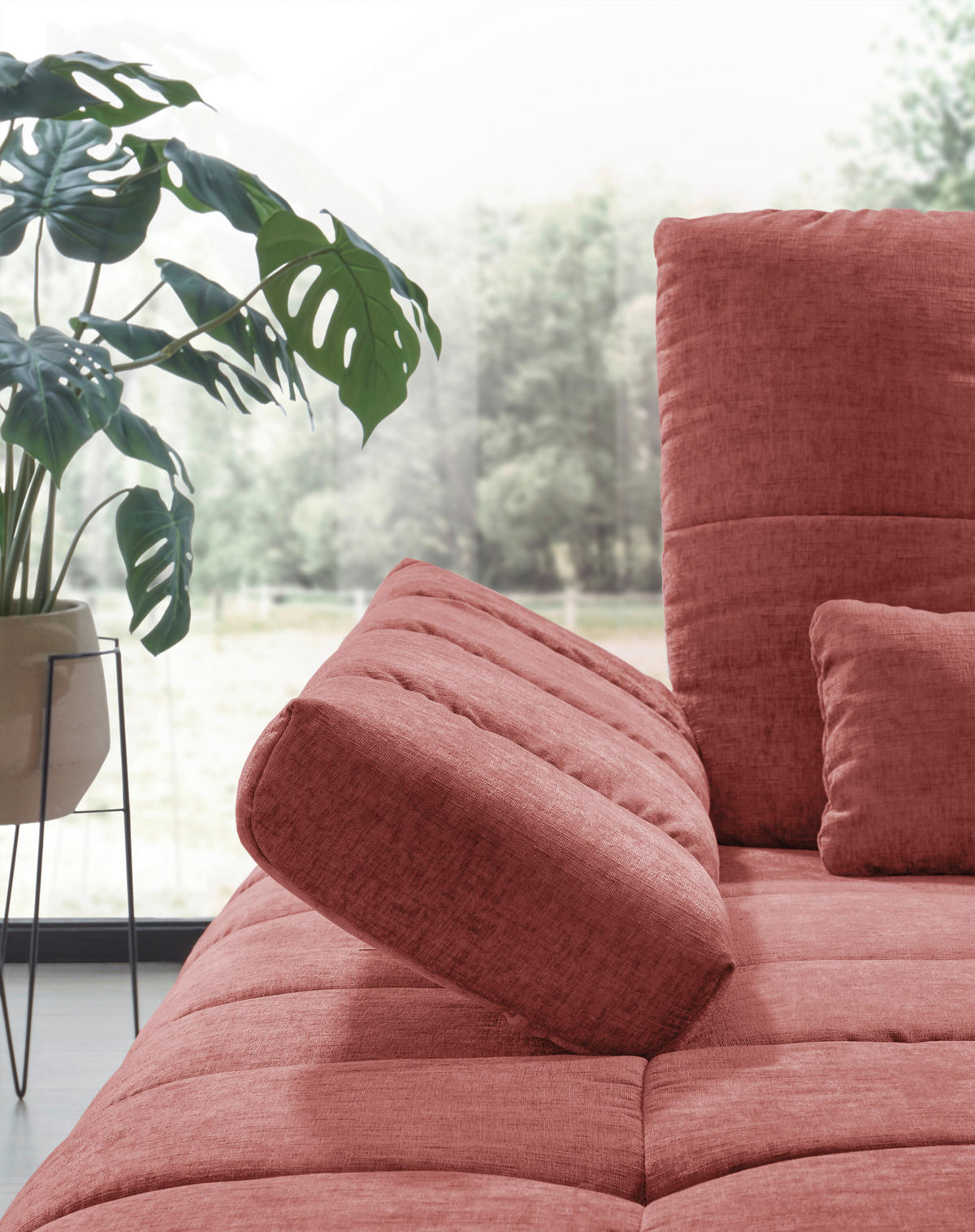 ECKSOFA Weinrot Flachgewebe Rücken echt, Sitztiefenverstellung  - Weinrot/Schwarz, KONVENTIONELL, Textil/Metall (211/273cm) - SetOne by Musterring