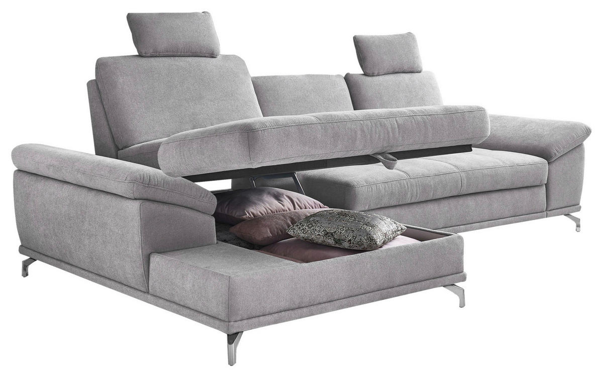 ECKSOFA Silberfarben Flachgewebe Bettkasten, Schlaffunktion, Sitztiefenverstellung, Kopfstütze, Liegefläche im Originalstoff  - Silberfarben, KONVENTIONELL, Textil/Metall (176/301cm) - Sit & More