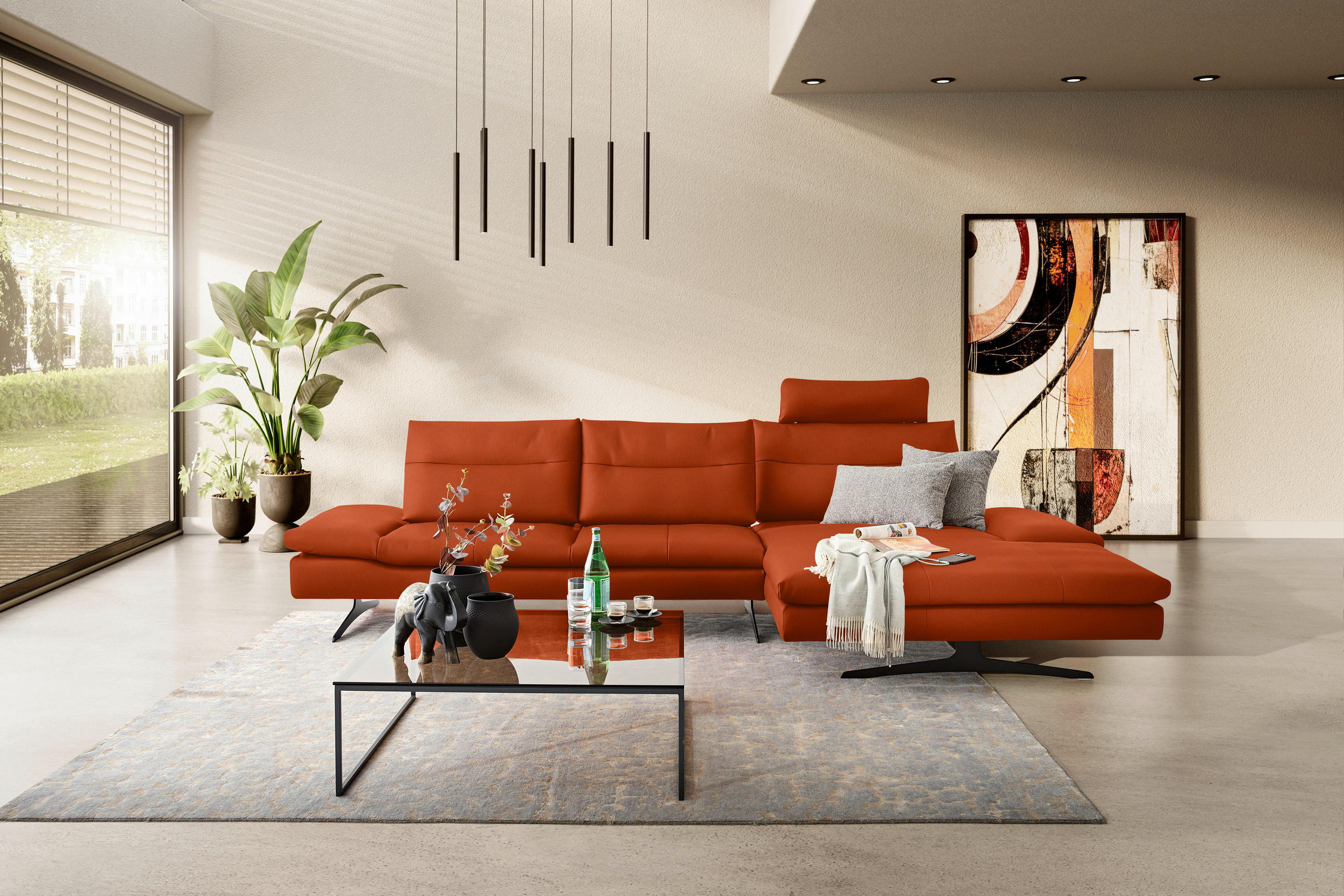 ECKSOFA in Echtleder Terracotta  342/158 cm  - Terracotta/Schwarz, MODERN, Leder/Metall (342/158cm) - Chilliano