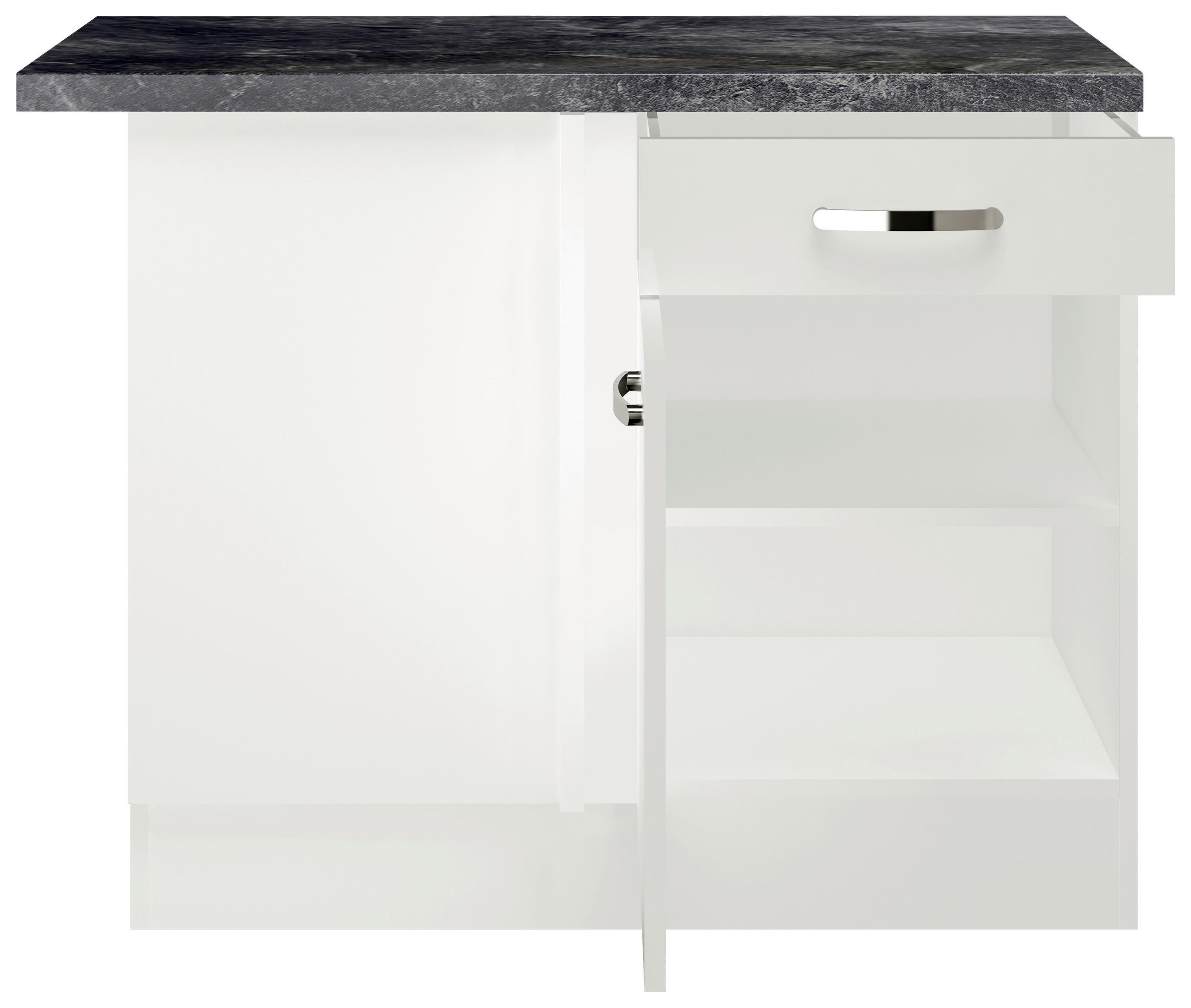 ECKUNTERSCHRANK 110/86/60 cm  in Weiß, Weiß Hochglanz  - Edelstahlfarben/Weiß Hochglanz, MODERN, Holzwerkstoff/Metall (110/86/60cm) - FlexWell