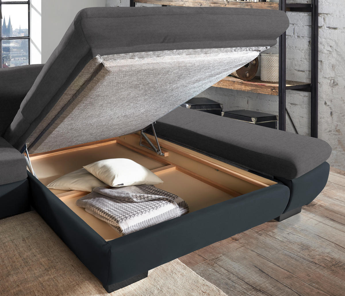 ECKSOFA in Mikrofaser Grau  - Schwarz/Grau, Design, Textil/Metall (204/341cm) - Xora