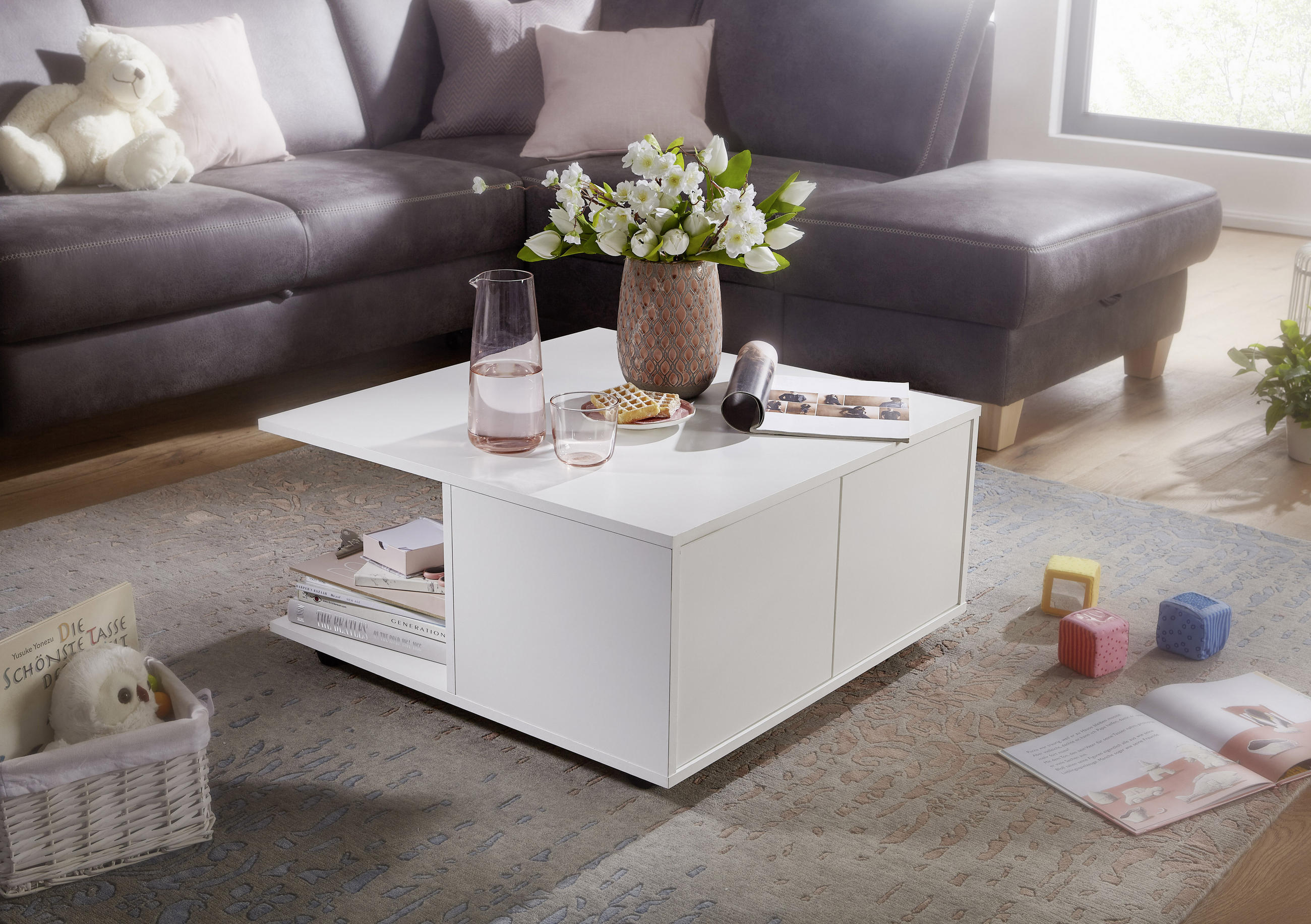 Thumbnail - Mid.you Couchtisch, Weiß, Holzwerkstoff, 2 Schublade(n) Schubladen, quadratisch, Rollen, 70x36.5x70 cm, Stauraum, offene...