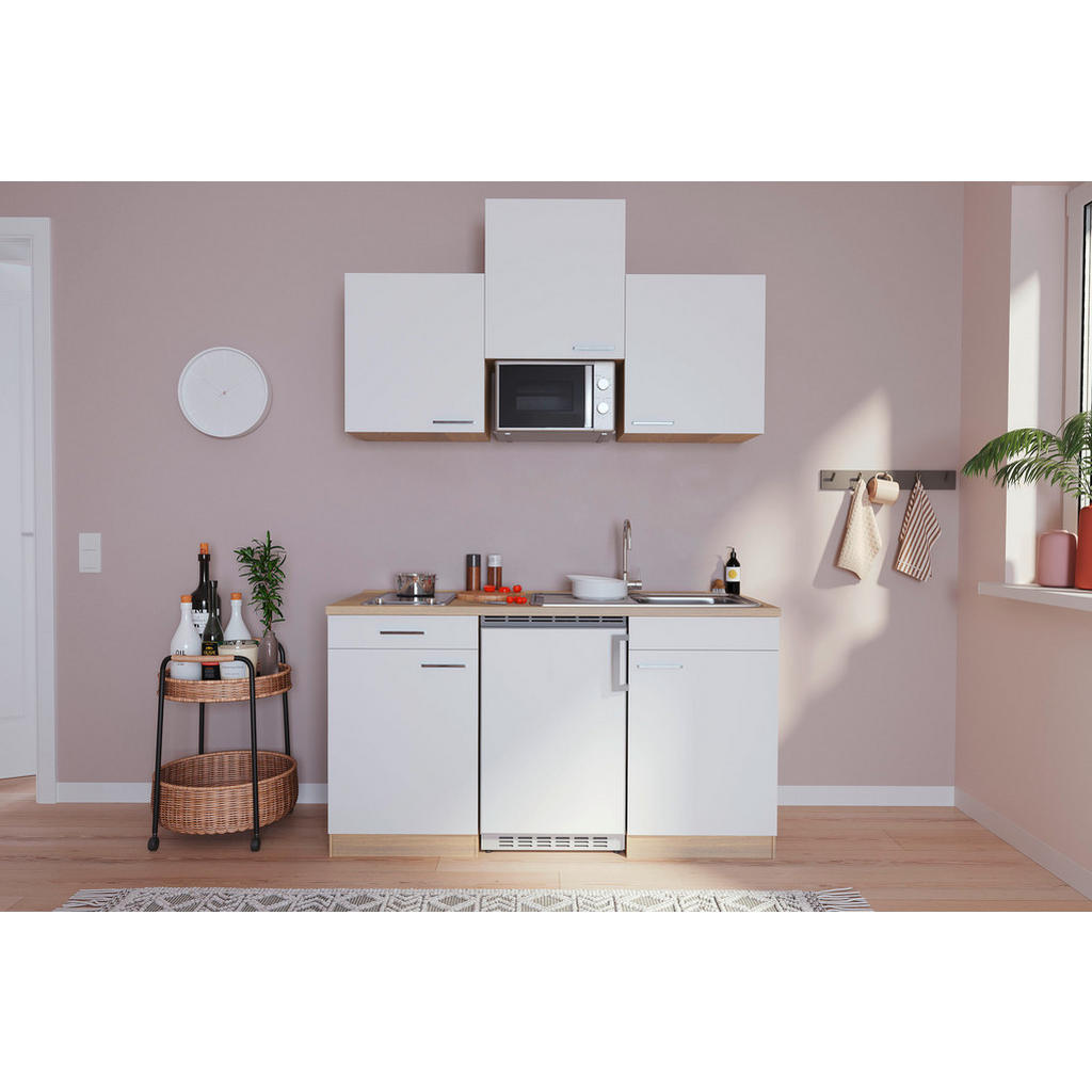 Miniküche mit Mikrowelle + Kochfeld 150 cm Weiß/Eiche