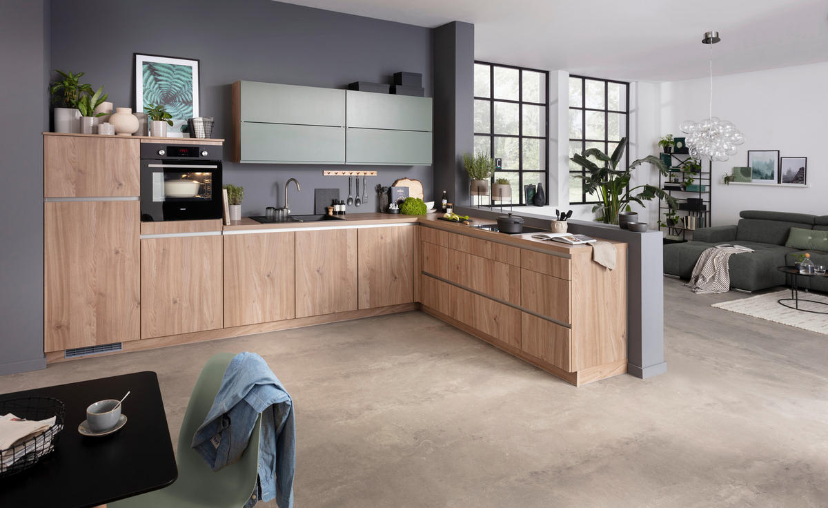 ECKKÜCHE  in Grün, Eichefarben  - Eichefarben/Grün, Basics, Holzwerkstoff - Venda