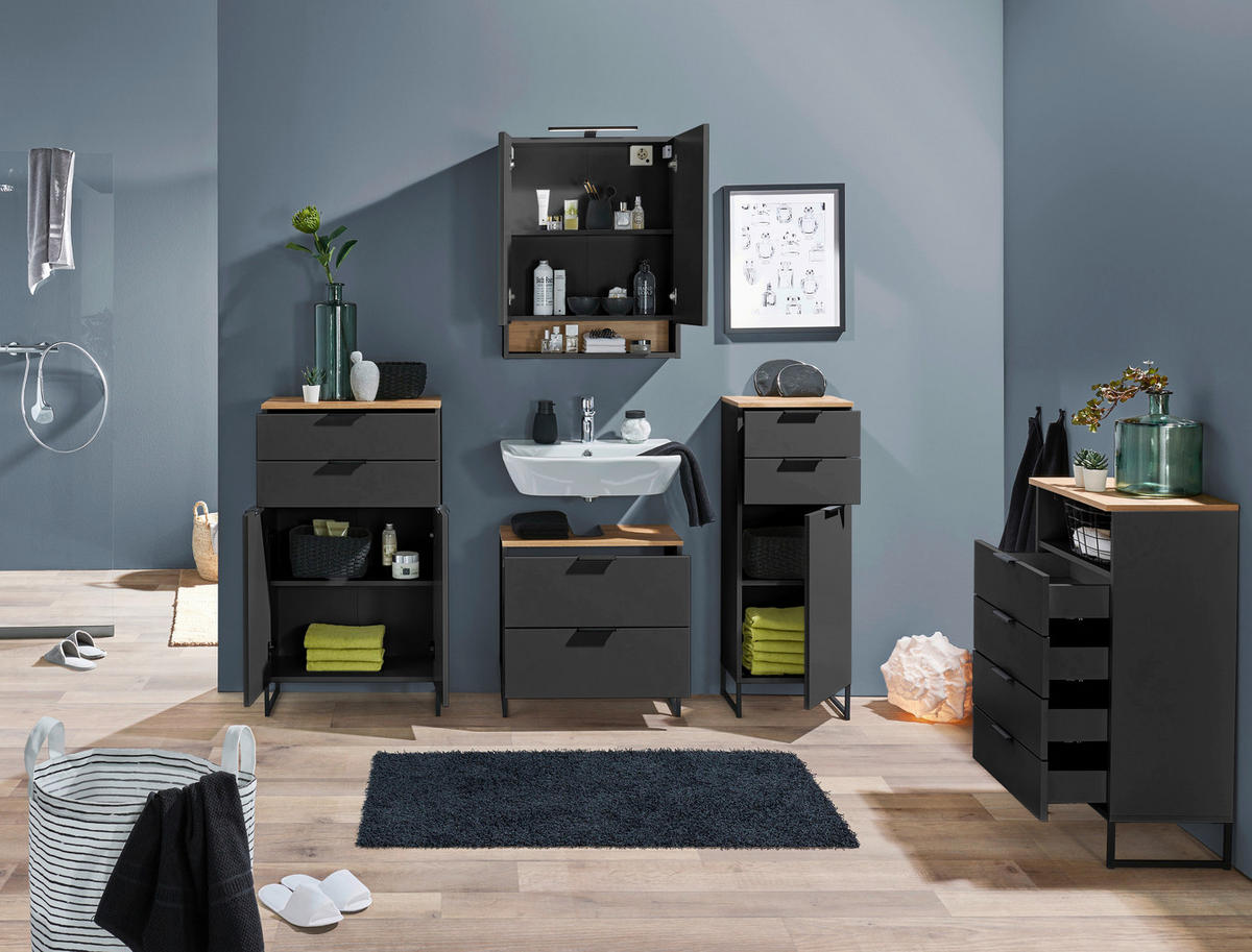 MIDISCHRANK 38/106/32 cm  - Eichefarben/Schwarz, KONVENTIONELL, Holzwerkstoff/Metall (38/106/32cm) - home24