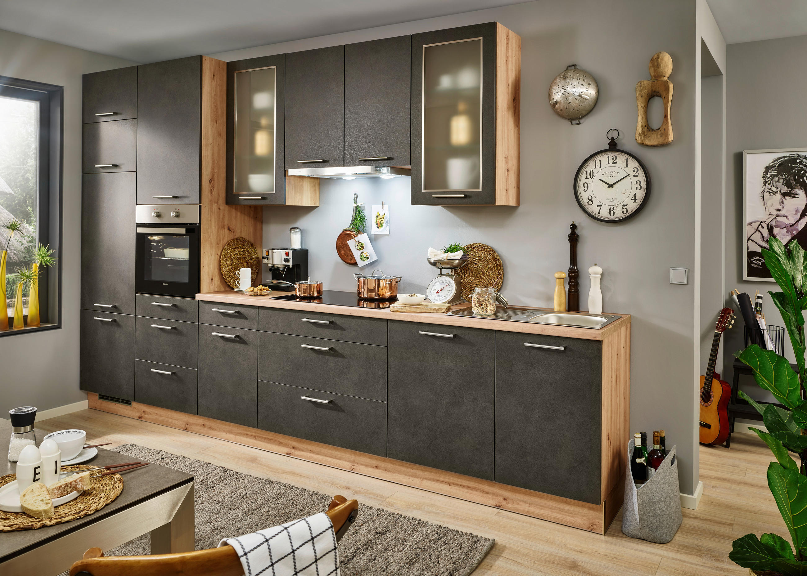 KÜCHENBLOCK 370 cm   in Eichefarben, Mokka  - Edelstahlfarben/Eichefarben, KONVENTIONELL, Holzwerkstoff/Metall (370cm) - Burger