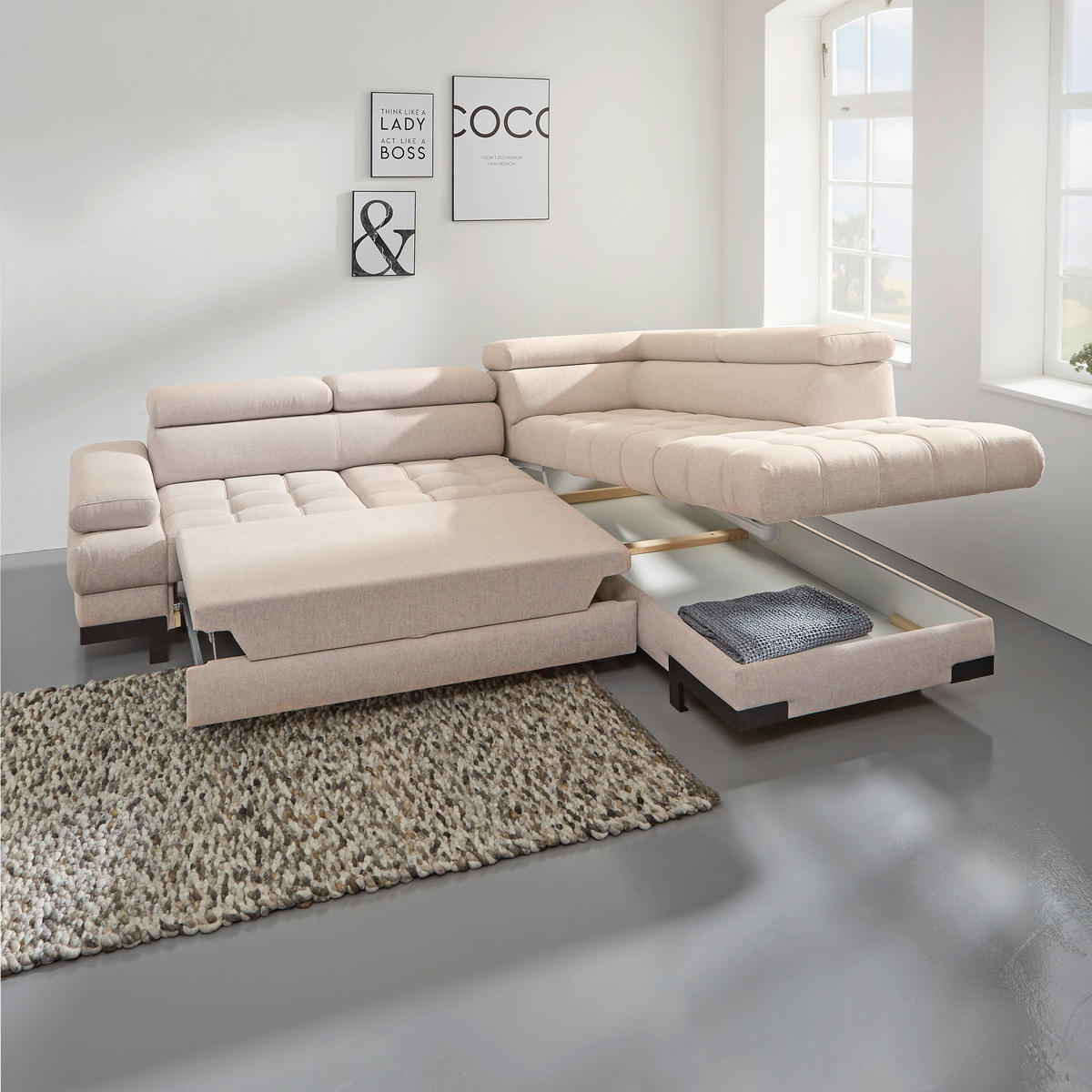 ECKSOFA in Webstoff Beige  - Beige/Schwarz, Design, Textil/Metall (263/223cm) - Welnova