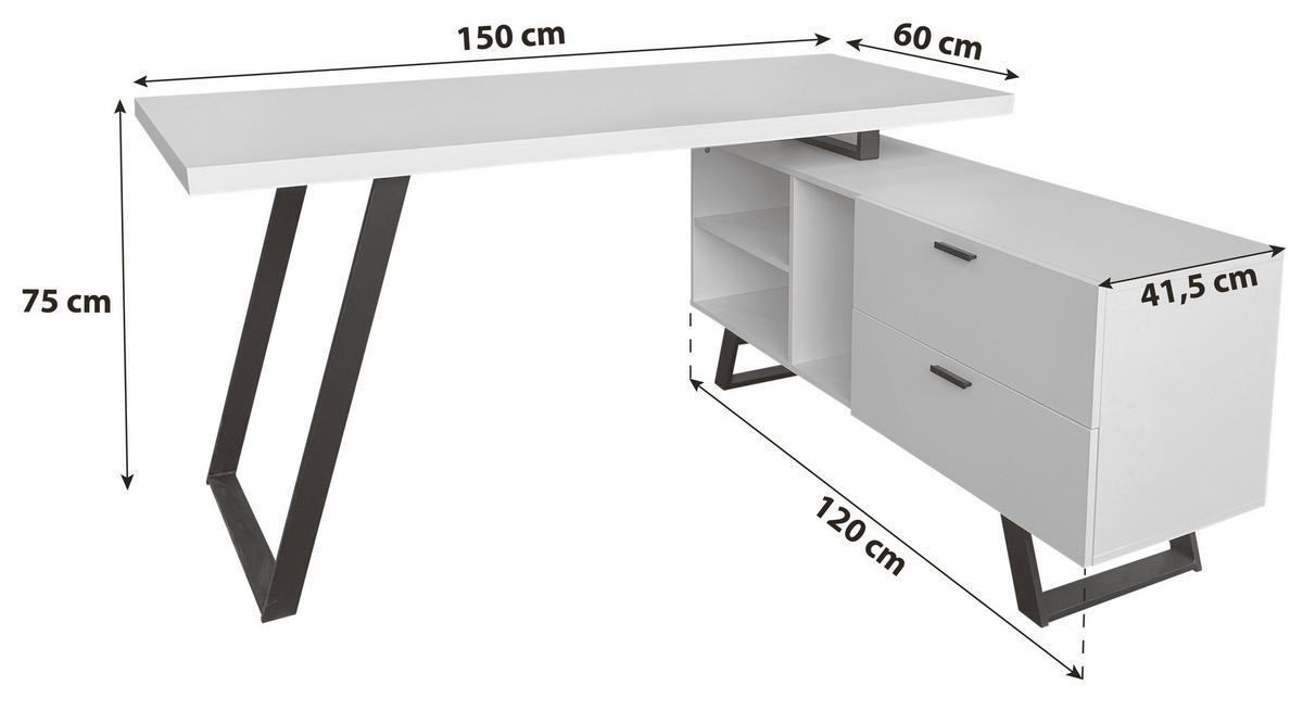 KOTNA PISALNA MIZA kovina, leseni material črna, bela  - črna/bela, Moderno, kovina/leseni material (150/75/60-120cm) - MID.YOU