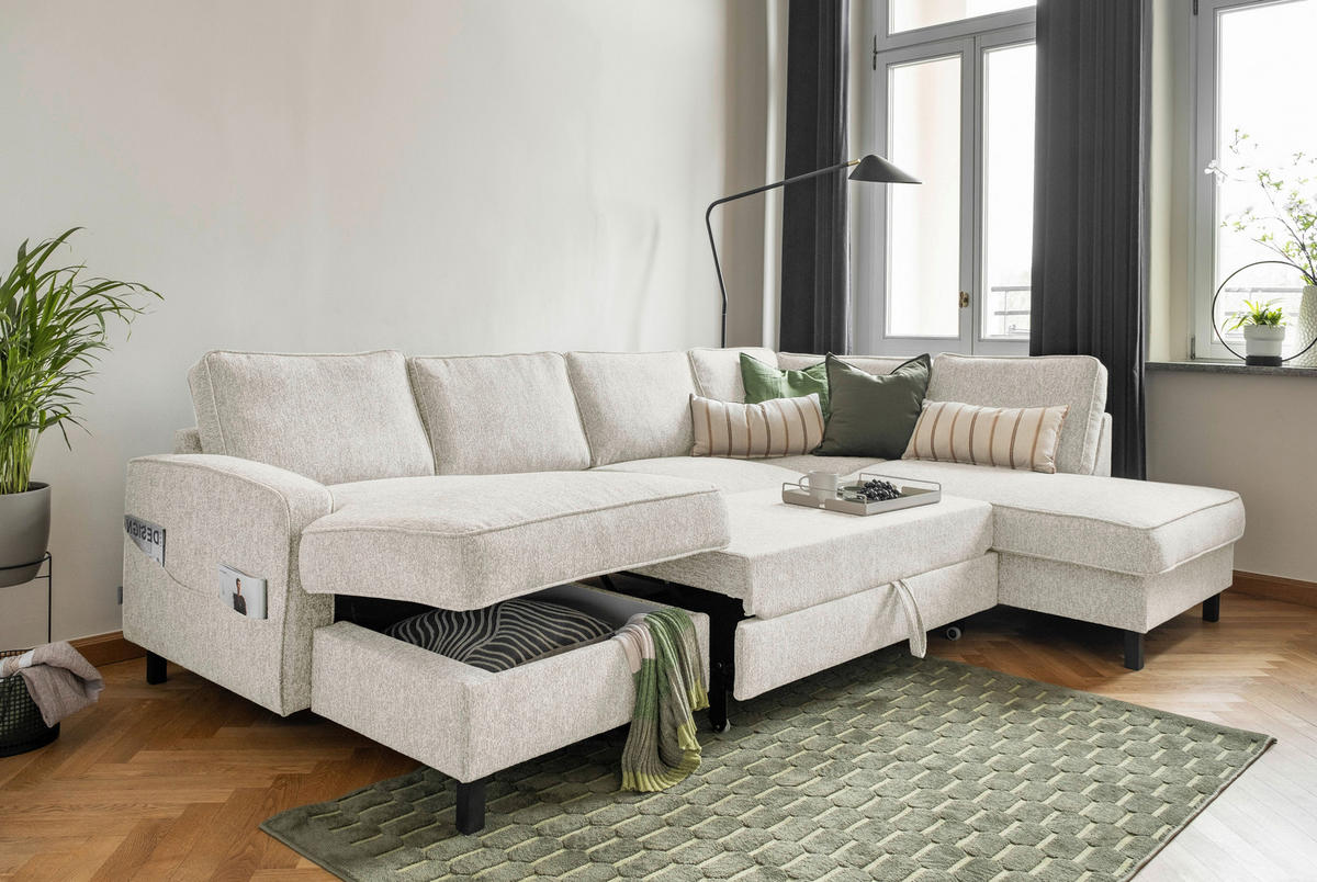 WOHNLANDSCHAFT in Struktur Beige  - Beige/Schwarz, Holz/Textil (148/298/198cm) - MID.YOU