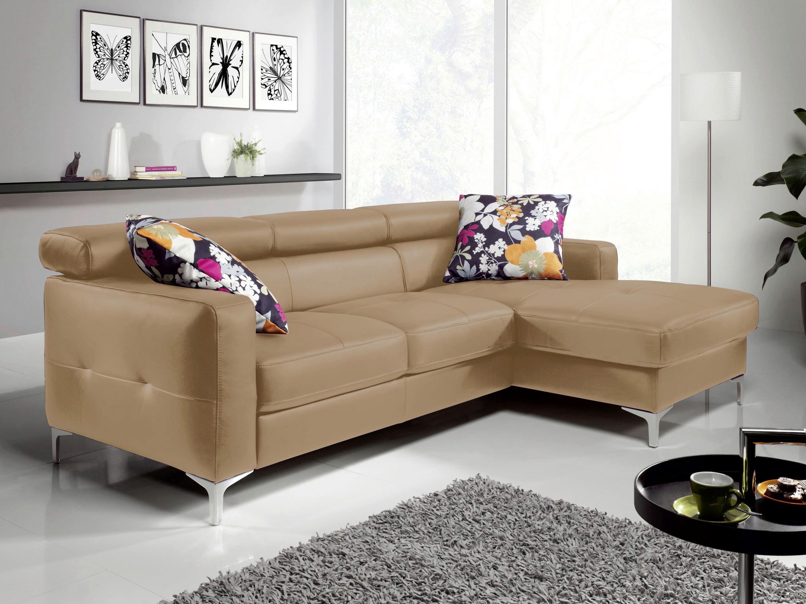 ECKSOFA in Echtleder Cappuccino - Chromfarben/Cappuccino, Design, Leder/Metall (227/168cm) - Livetastic