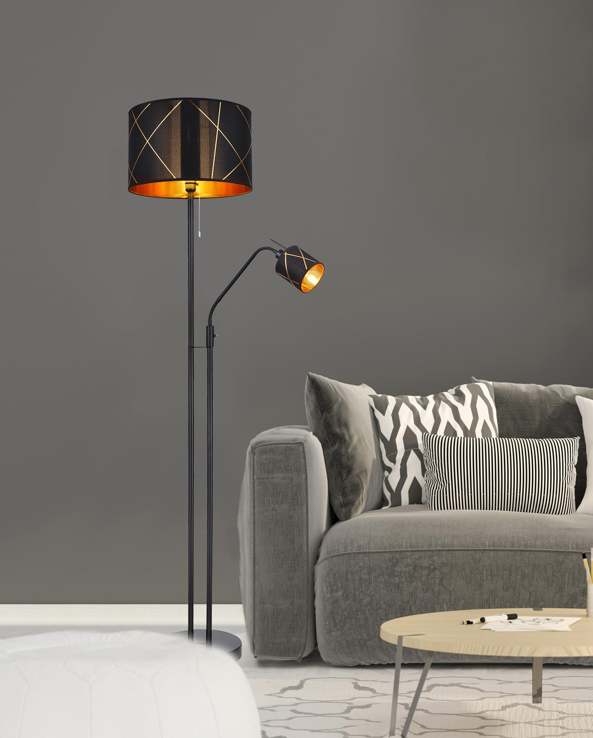 STEHLEUCHTE - Goldfarben/Schwarz, Design, Kunststoff/Textil (40/175cm) - Globo