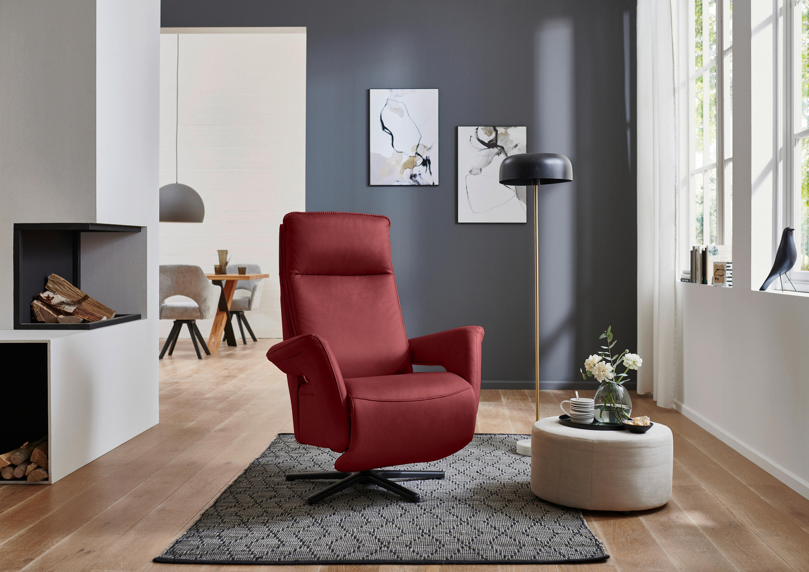 RELAXSESSEL in Leder Rot  - Rot/Schwarz, Design, Leder/Metall (83/112/87-174cm) - Valdera