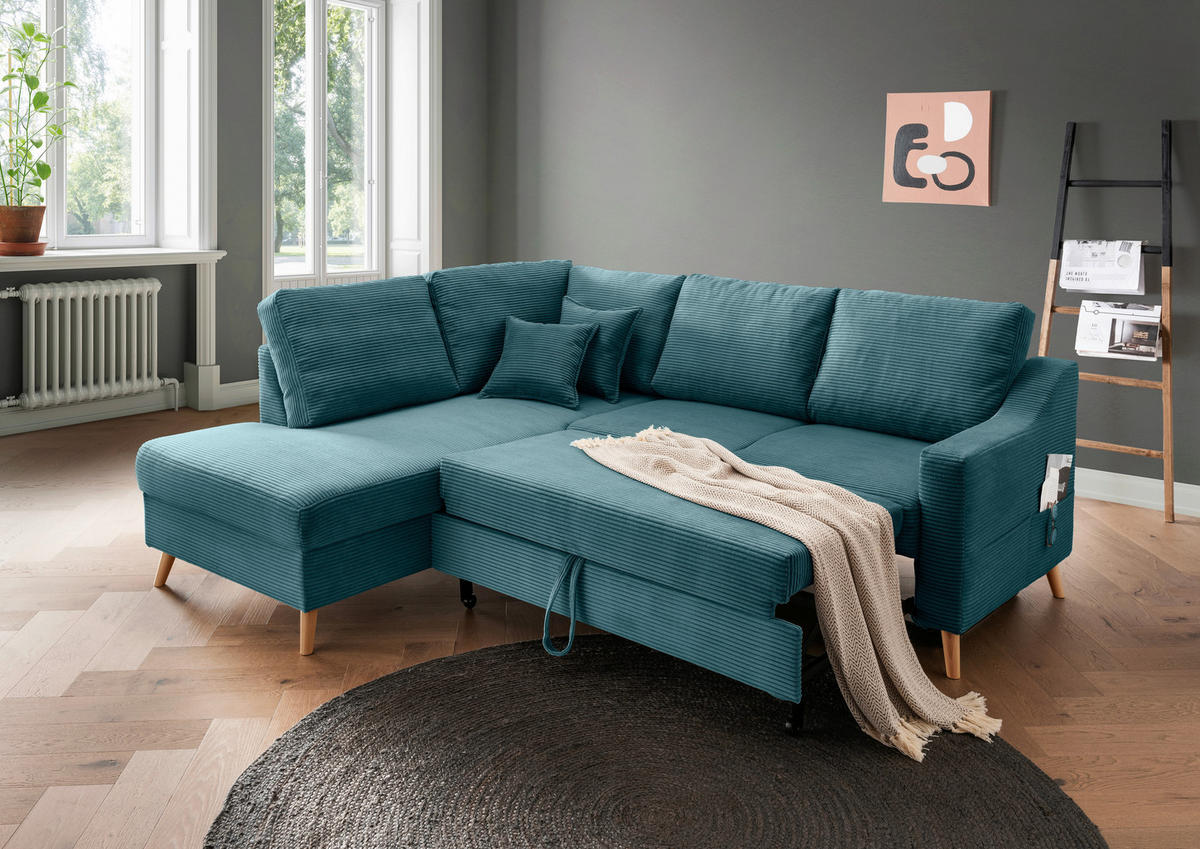 ECKSOFA in Cord Petrol  - Petrol/Naturfarben, MODERN, Holz/Textil (200/230cm) - Livetastic