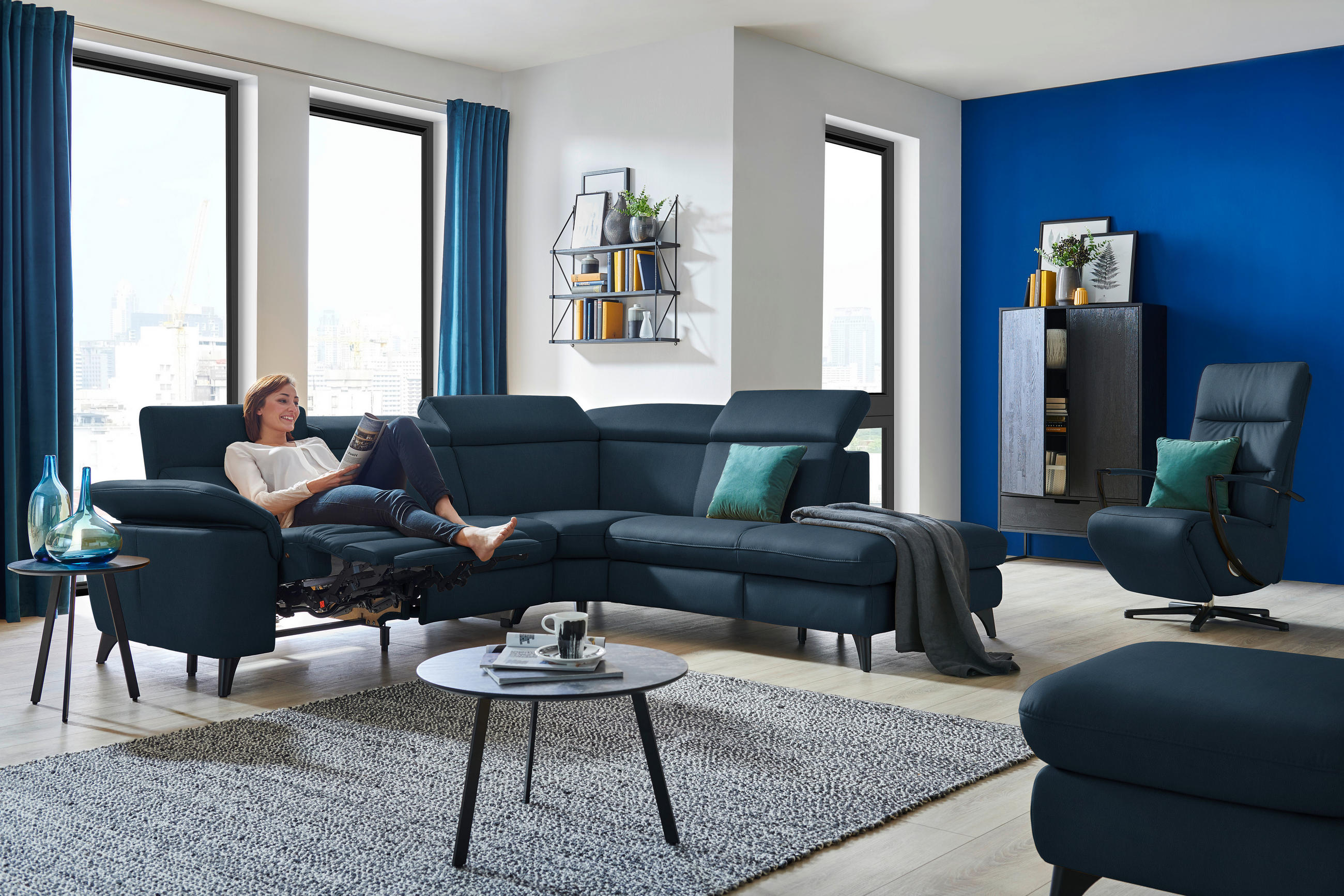 ECKSOFA in Echtleder Dunkelblau  - Schwarz/Dunkelblau, Design, Leder/Metall (285/239cm) - Cantus