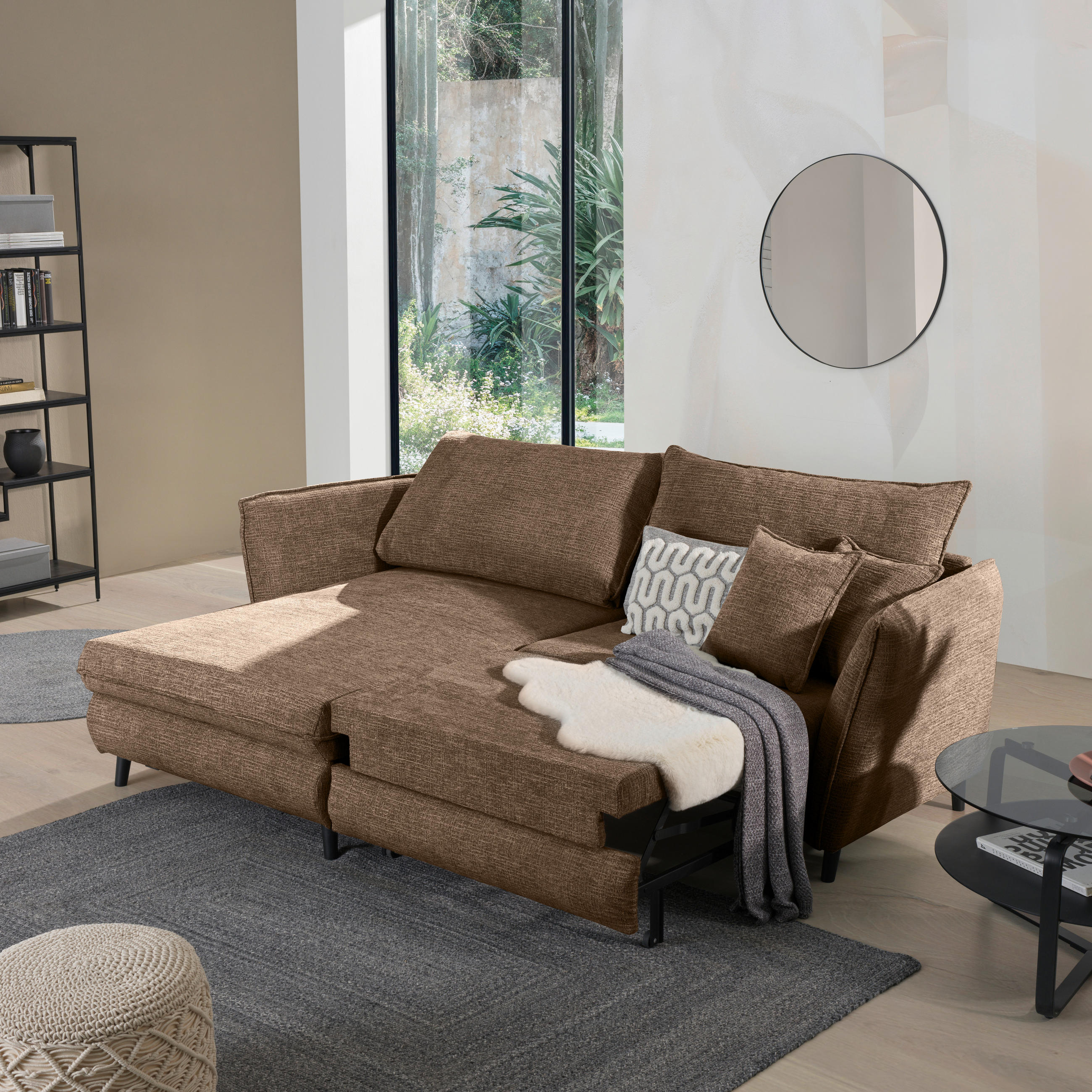 ECKSOFA inkl. Funktionen Braun Struktur  - Schwarz/Braun, Design, Holz/Textil (245/161cm) - Stylife