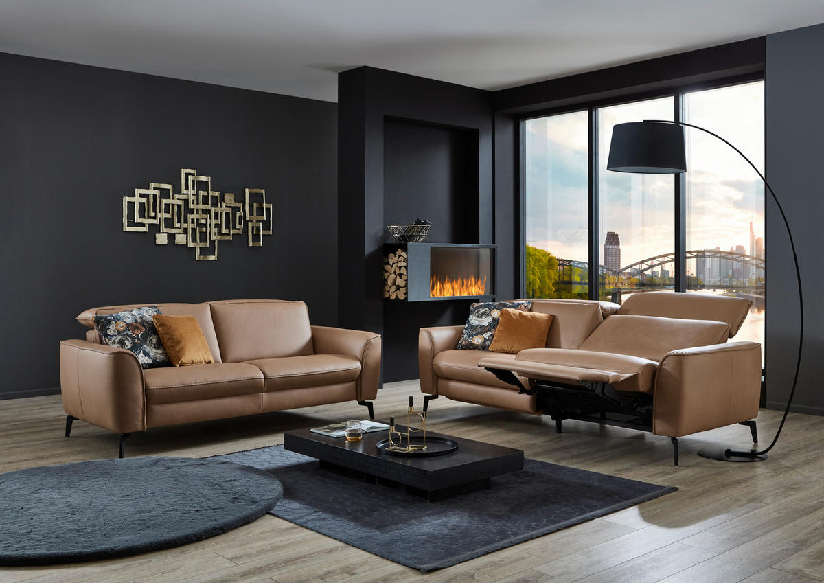 3-SITZER-SOFA in Echtleder Haselnussfarben  - Schwarz/Haselnussfarben, Natur, Leder/Metall (222/81/110cm) - Valdera