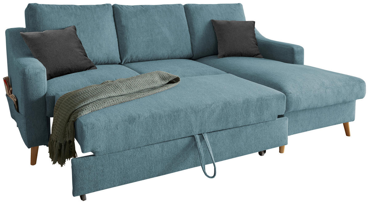 ECKSOFA Blau Mikrofaser  - Blau/Schwarz, Design, Holz/Textil (228/150cm) - MID.YOU