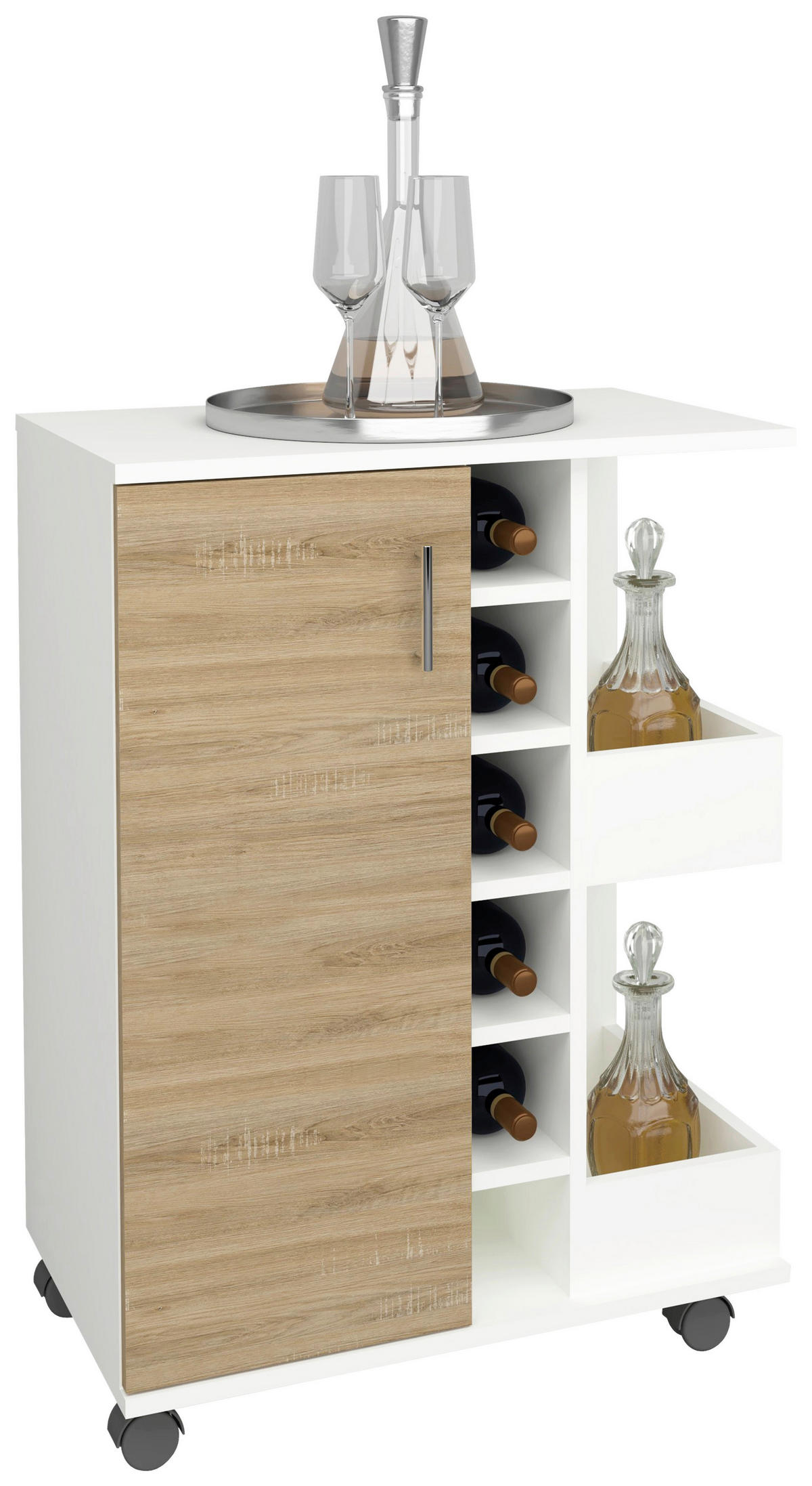 SERVIERWAGEN in Weiss, Sonoma Eiche  - Weiss/Silberfarben, Design, Holzwerkstoff/Kunststoff (63/85/40cm) - MID.YOU