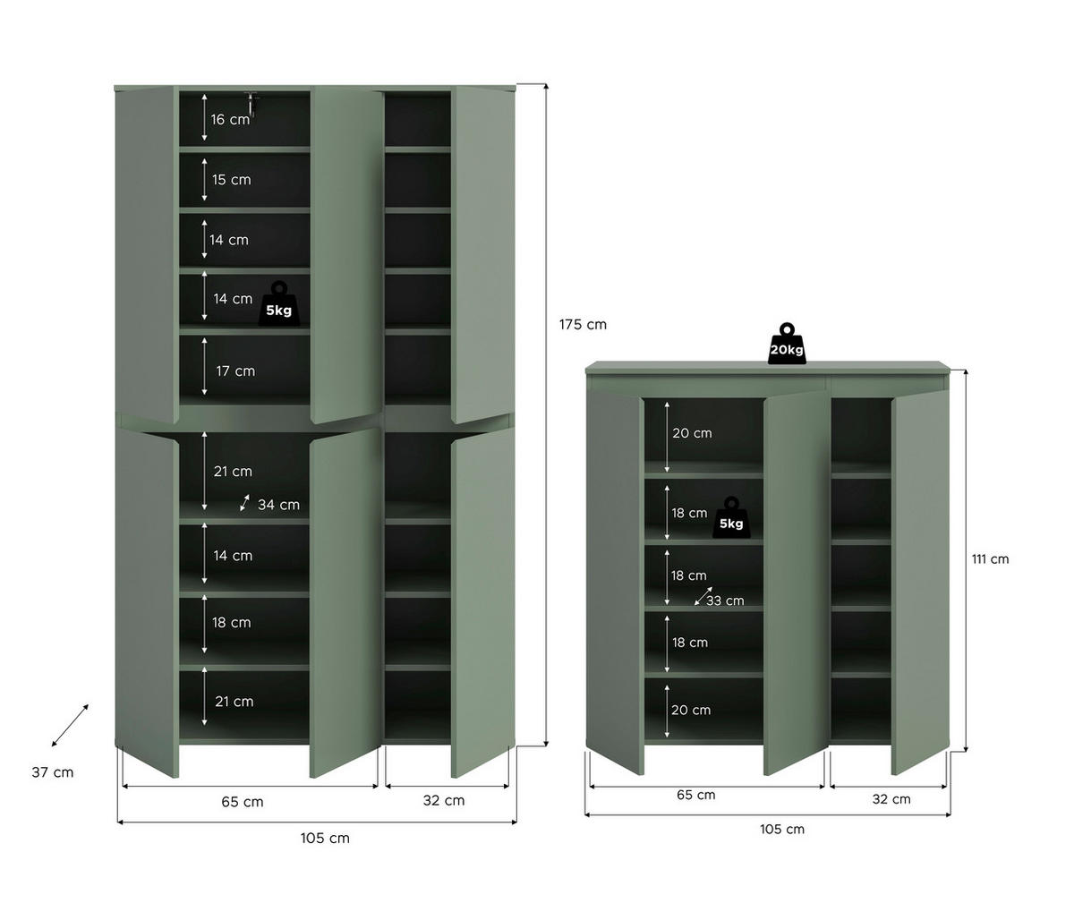 GARDEROBENSCHRANK  in 235/175/37 cm  - Schwarz/Graugrün, Design, Holzwerkstoff/Kunststoff (235/175/37cm) - Livetastic