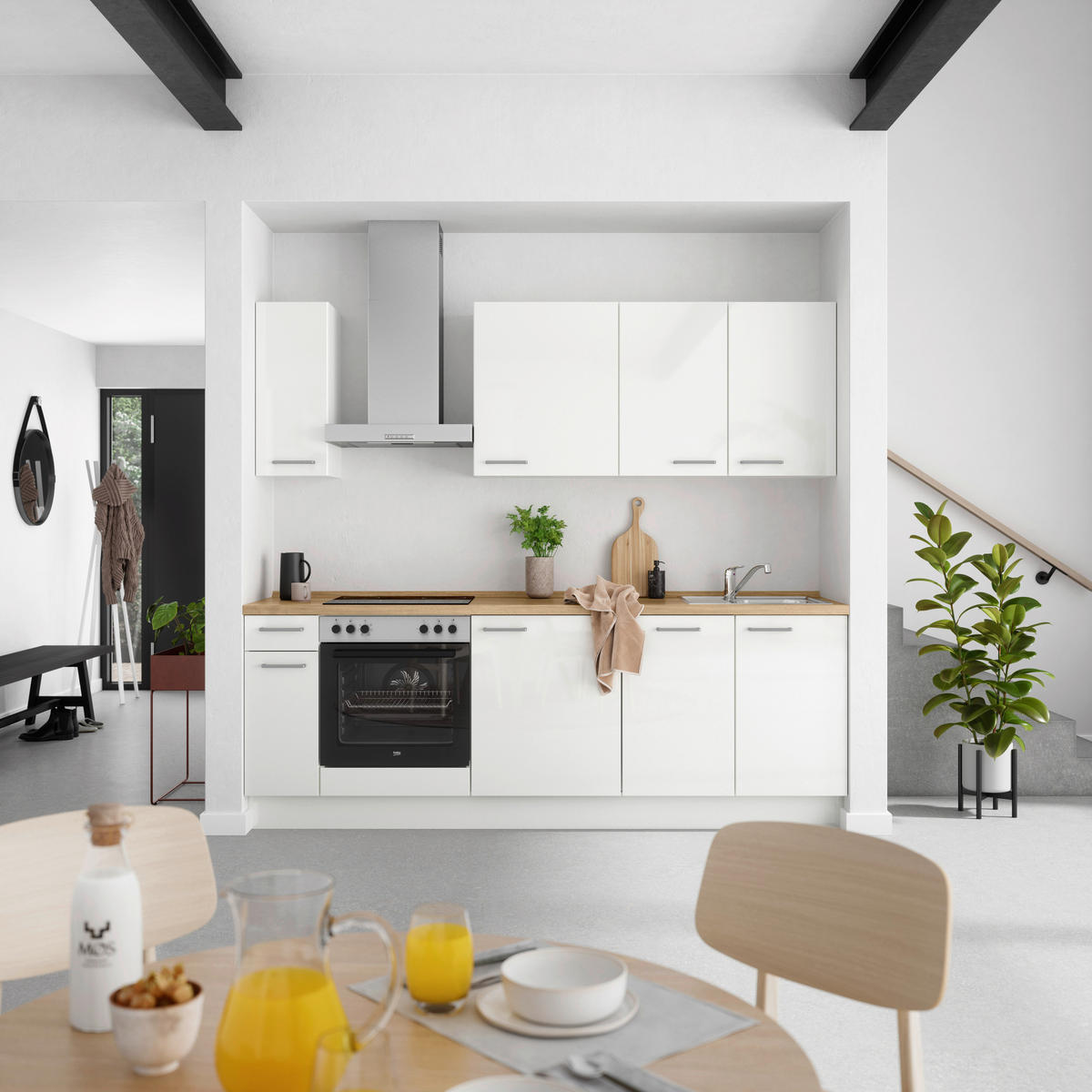 KÜCHENLEERBLOCK 240 cm   in Eichefarben, Weiß Hochglanz  - Edelstahlfarben/Eichefarben, MODERN, Holzwerkstoff/Metall (240cm) - Nobilia