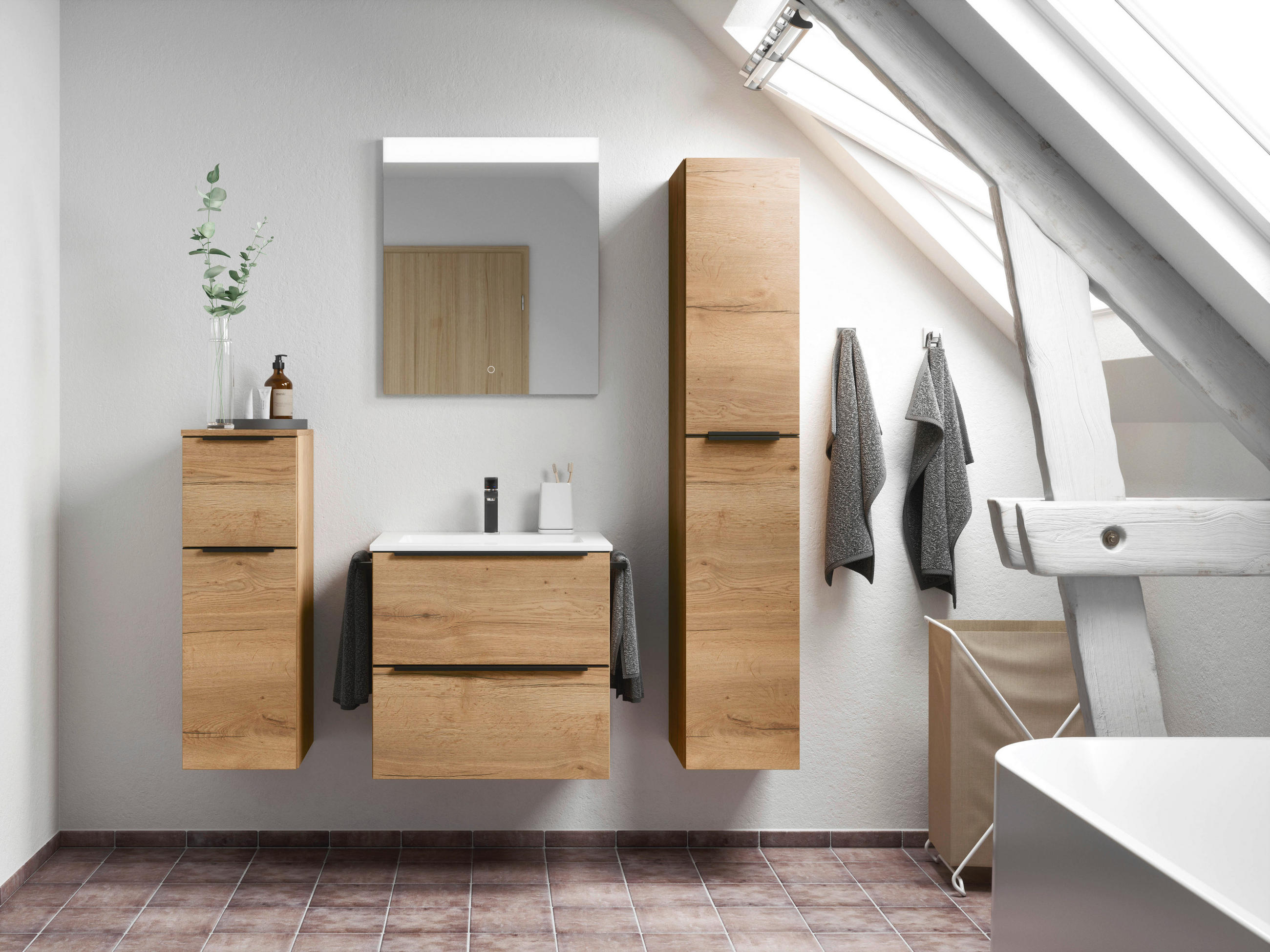 BADEZIMMER 5-teilig  in 121 cm  - Eichefarben/Schwarz, MODERN, Holzwerkstoff/Stein (121cm) - Nobilia