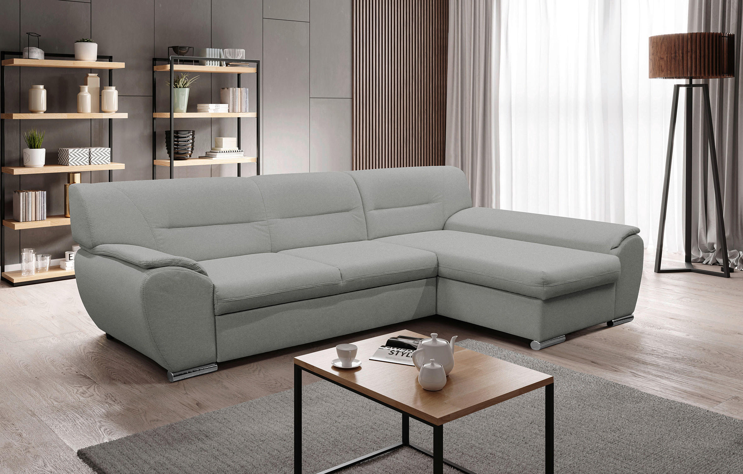 ECKSOFA Hellgrau Flachgewebe  - Silberfarben/Hellgrau, Design, Kunststoff/Textil (281/167cm) - MID.YOU