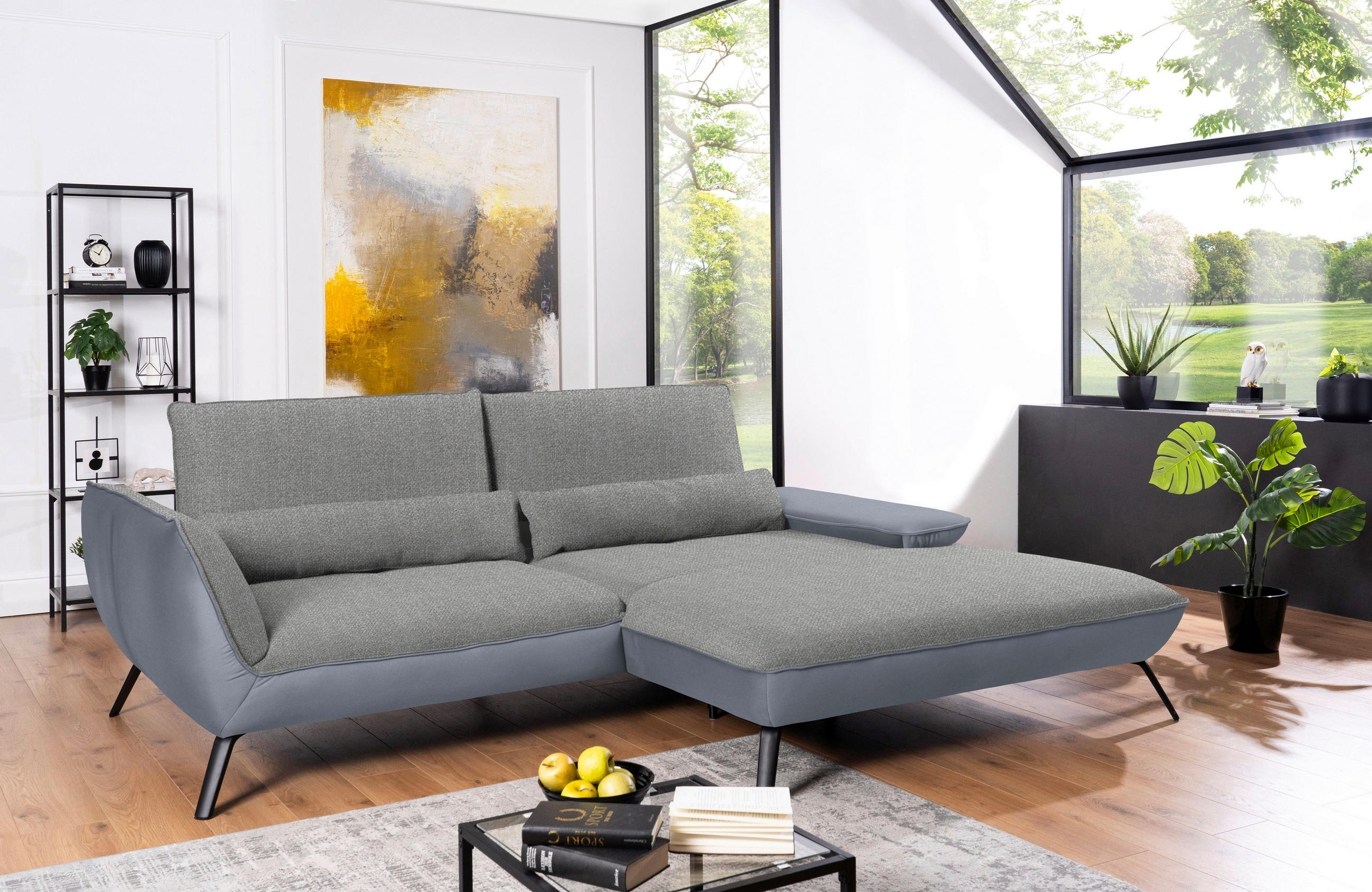 ECKSOFA in Flachgewebe Hellgrau  - Hellgrau/Schwarz, Design, Textil/Metall (273/191cm) - Moderano